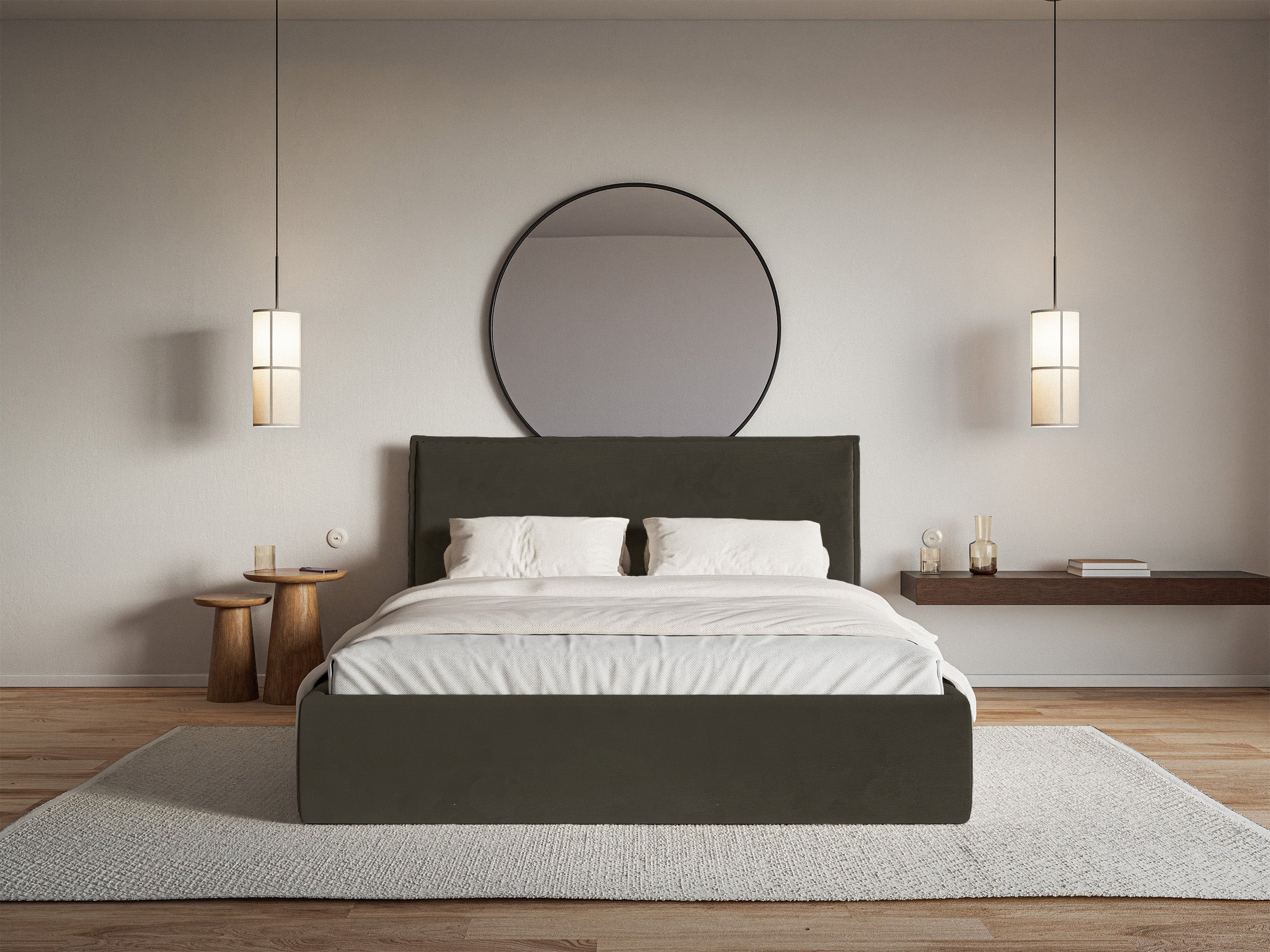 Łóżko tapicerowane 140x200 cm Softie Slim z pojemnikiem ciemnozielone welur hydrofobowy stelaż metalowy