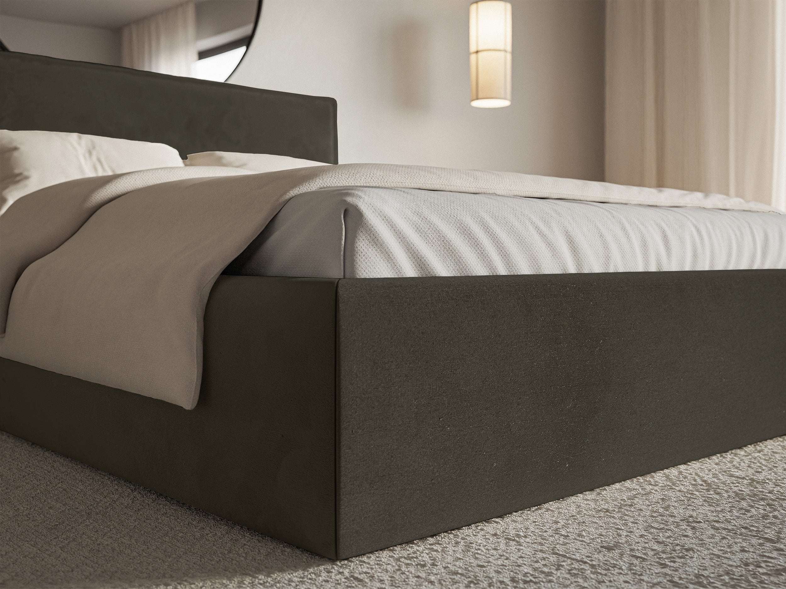 Łóżko tapicerowane 200x200 cm Softie Slim z pojemnikiem ciemnozielone welur hydrofobowy stelaż metalowy