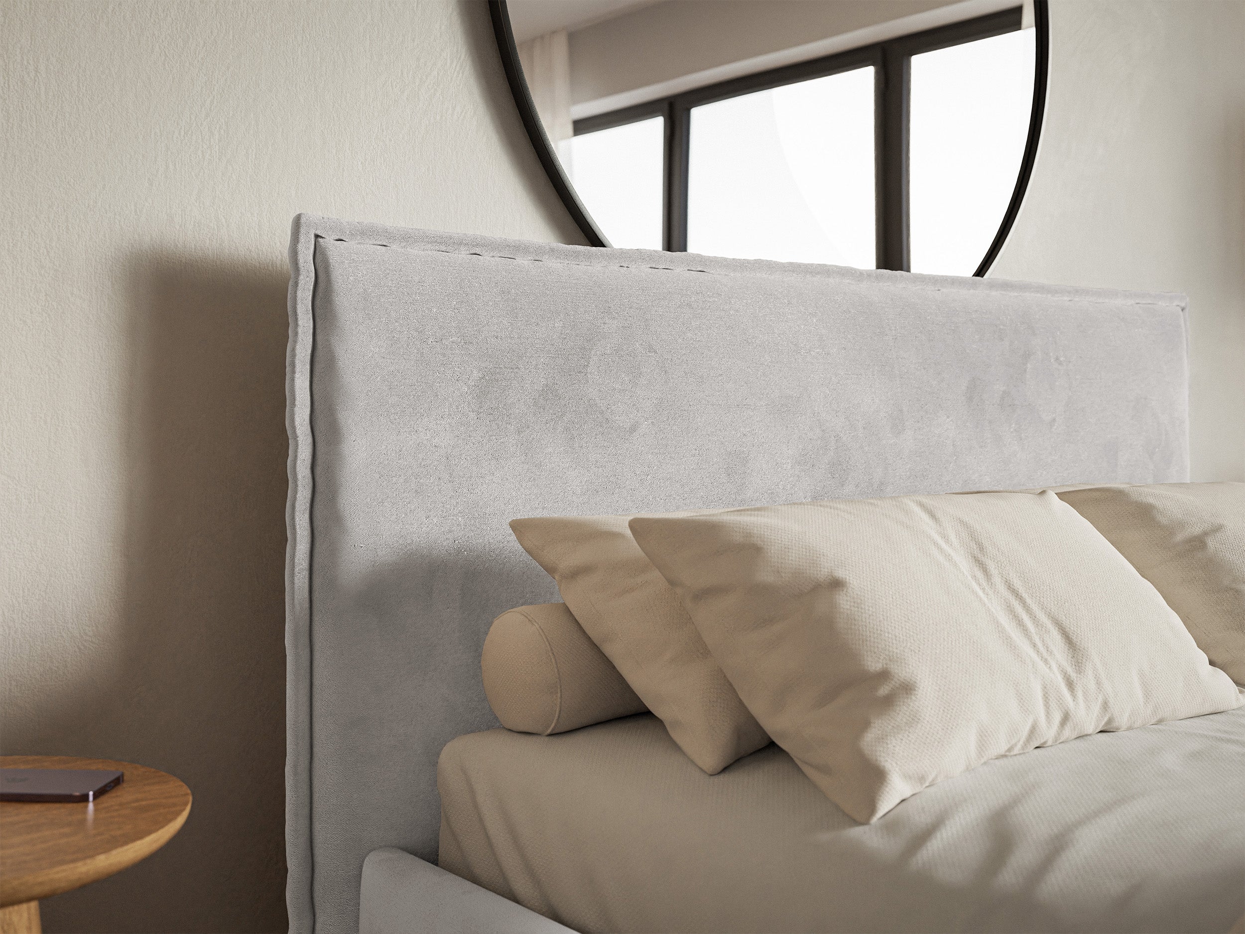 Łóżko tapicerowane 140x200 cm Softie Slim z pojemnikiem jasnoszare welur hydrofobowy stelaż metalowy