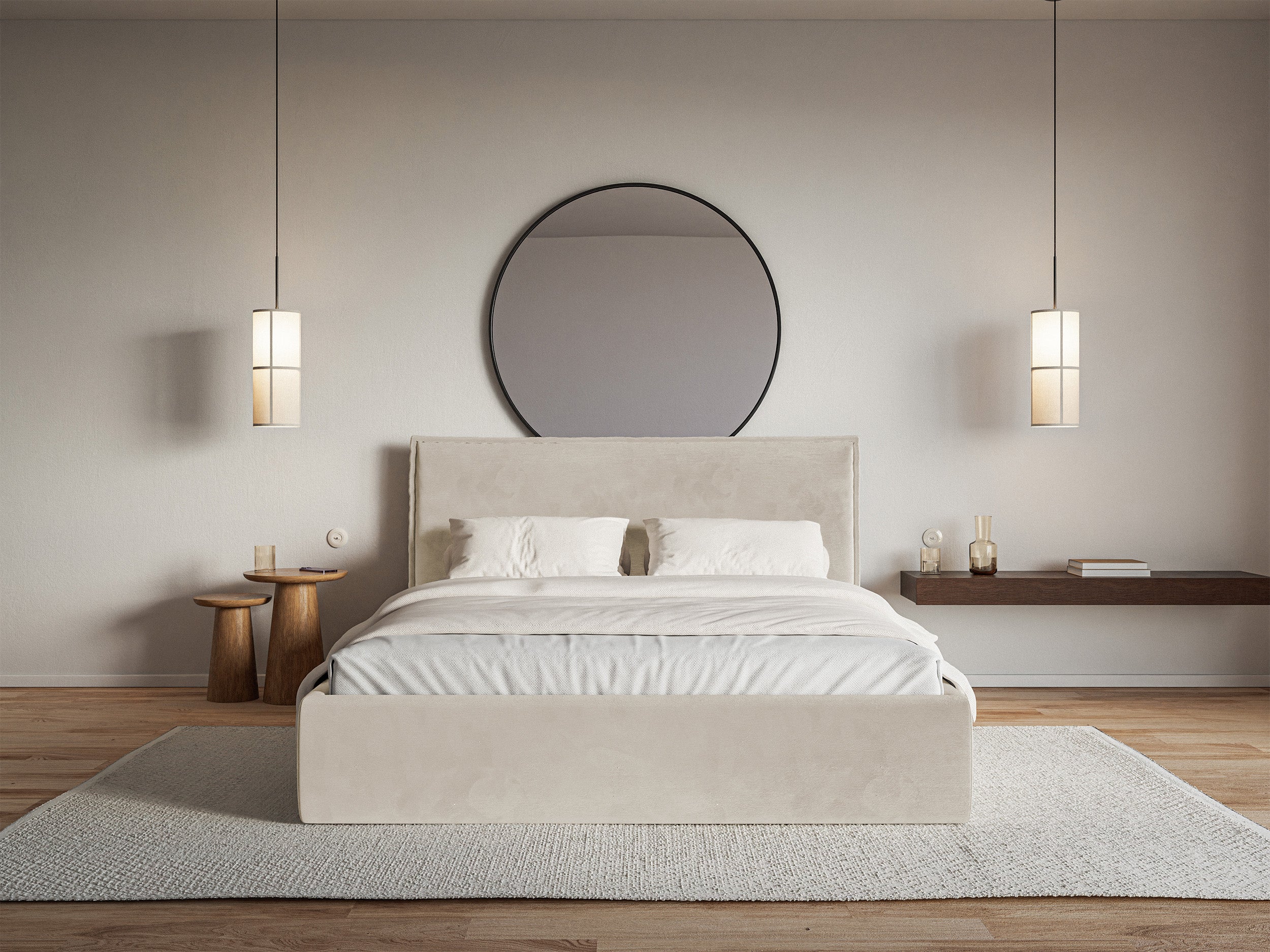 Łóżko tapicerowane 180x200 cm Softie Slim z pojemnikiem beżowe welur hydrofobowy stelaż metalowy