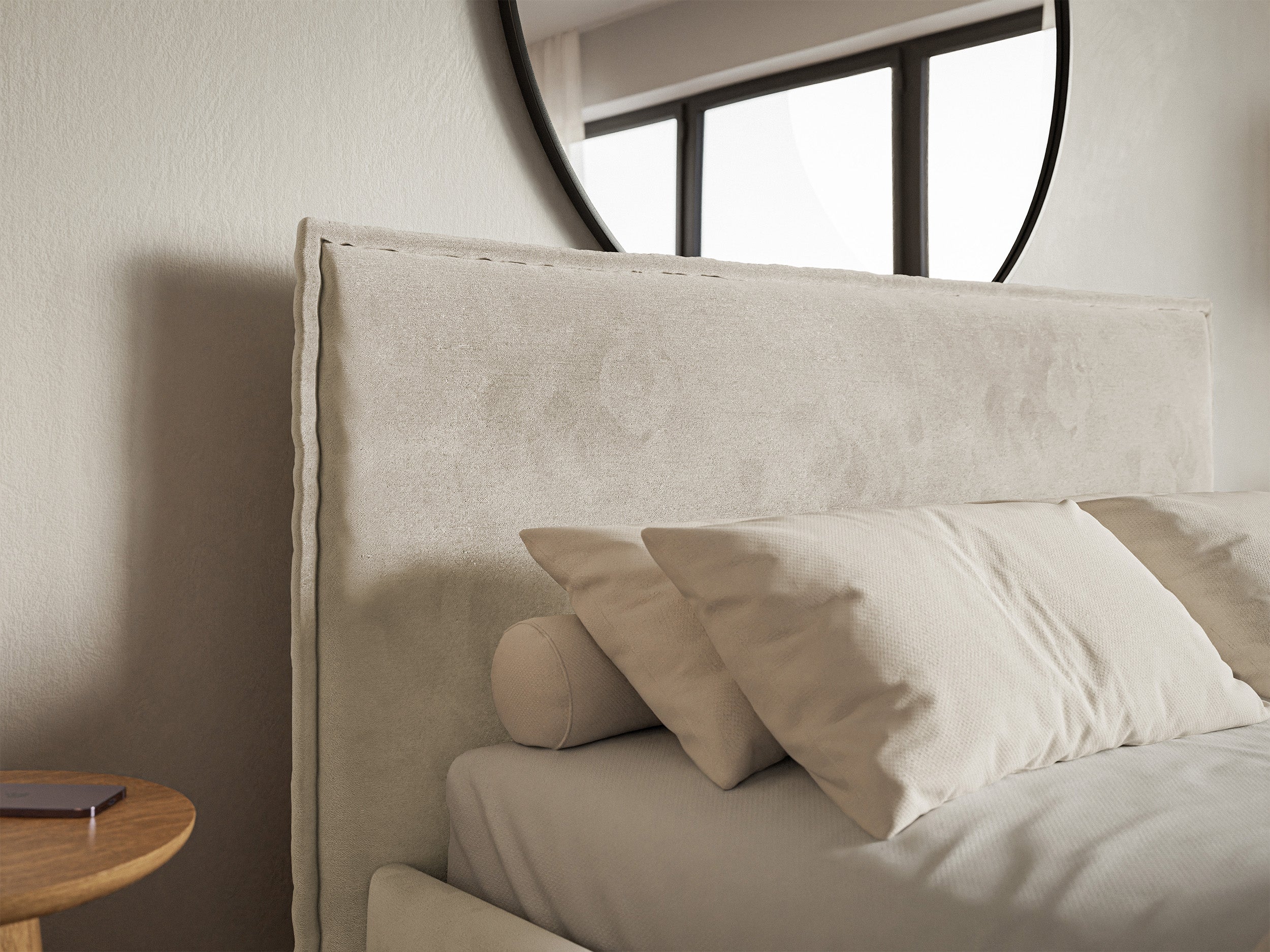 Łóżko tapicerowane 200x200 cm Softie Slim z pojemnikiem beżowe welur hydrofobowy stelaż metalowy