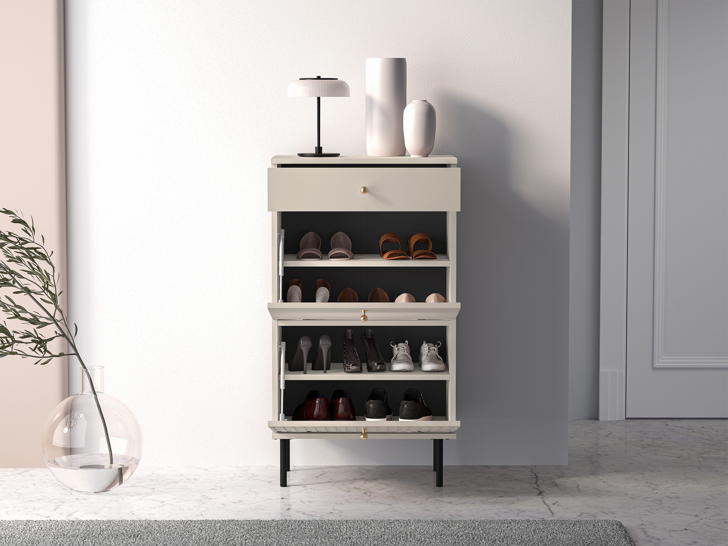 Szafka na buty Caletto 55 cm z szufladą ozdobne lamele beżowa