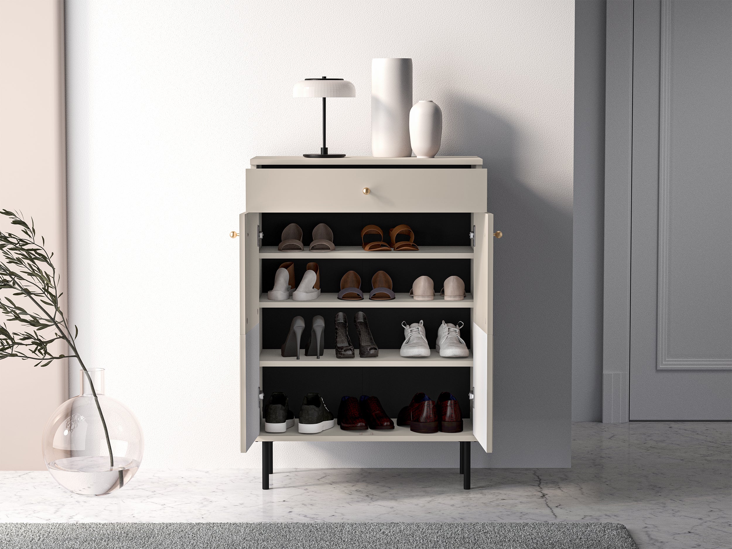 Szafka na buty Caletto 68 cm z szufladą ozdobne lamele beżowa
