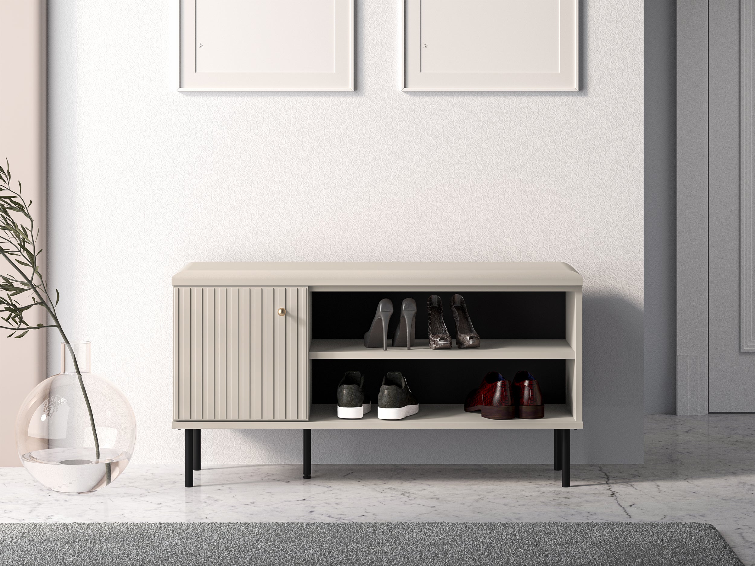 Szafka na buty Caletto 102 cm z siedziskiem ozdobne lamele beżowa