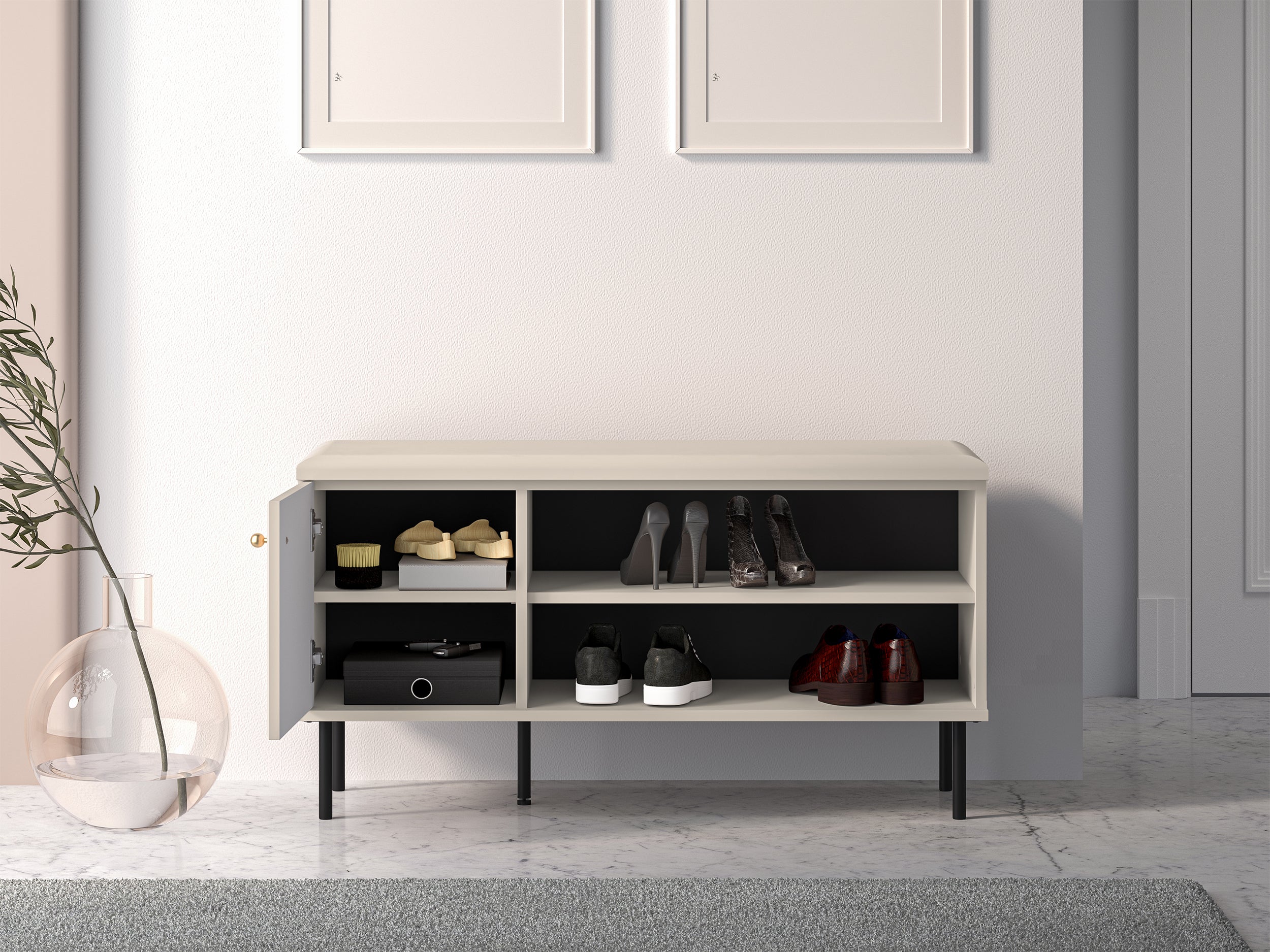 Szafka na buty Caletto 102 cm z siedziskiem ozdobne lamele beżowa