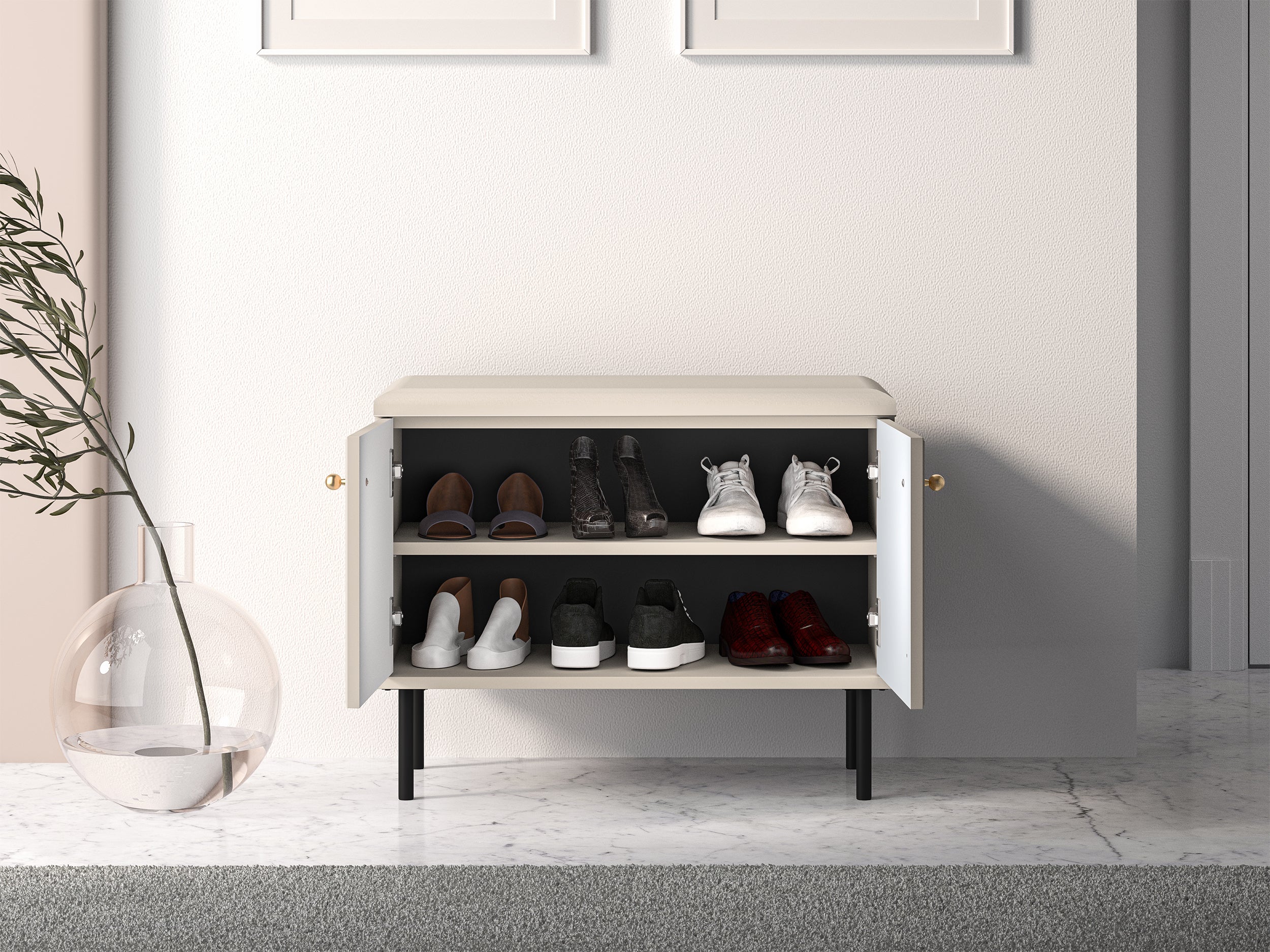 Szafka na buty Caletto 68 cm z siedziskiem ozdobne lamele beżowa