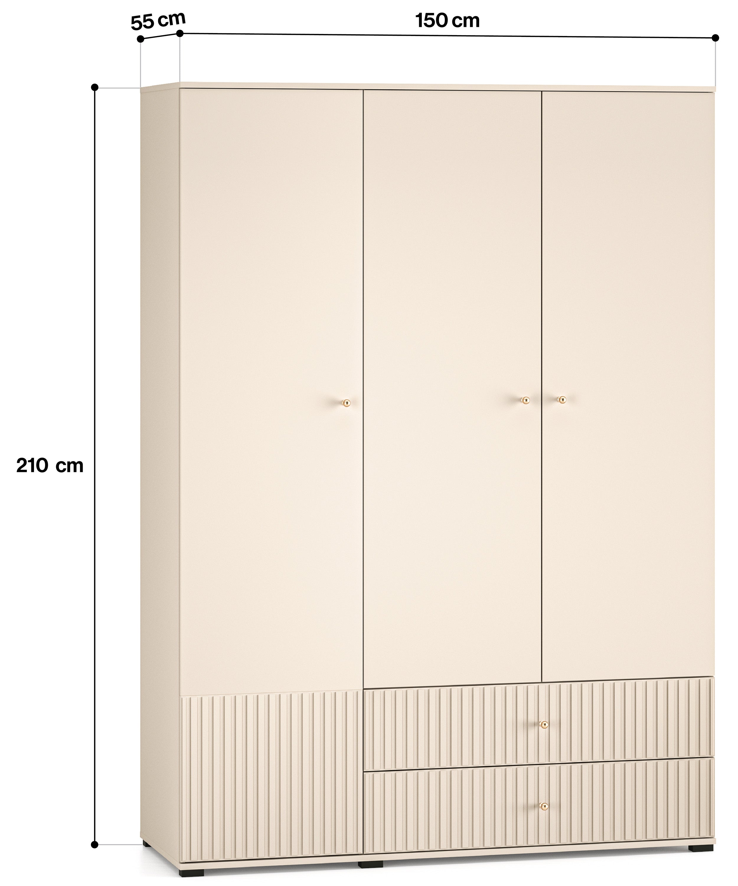 Szafa trzydrzwiowa Caletto 150 cm z dwiema szufladami ozdobne lamele beżowa