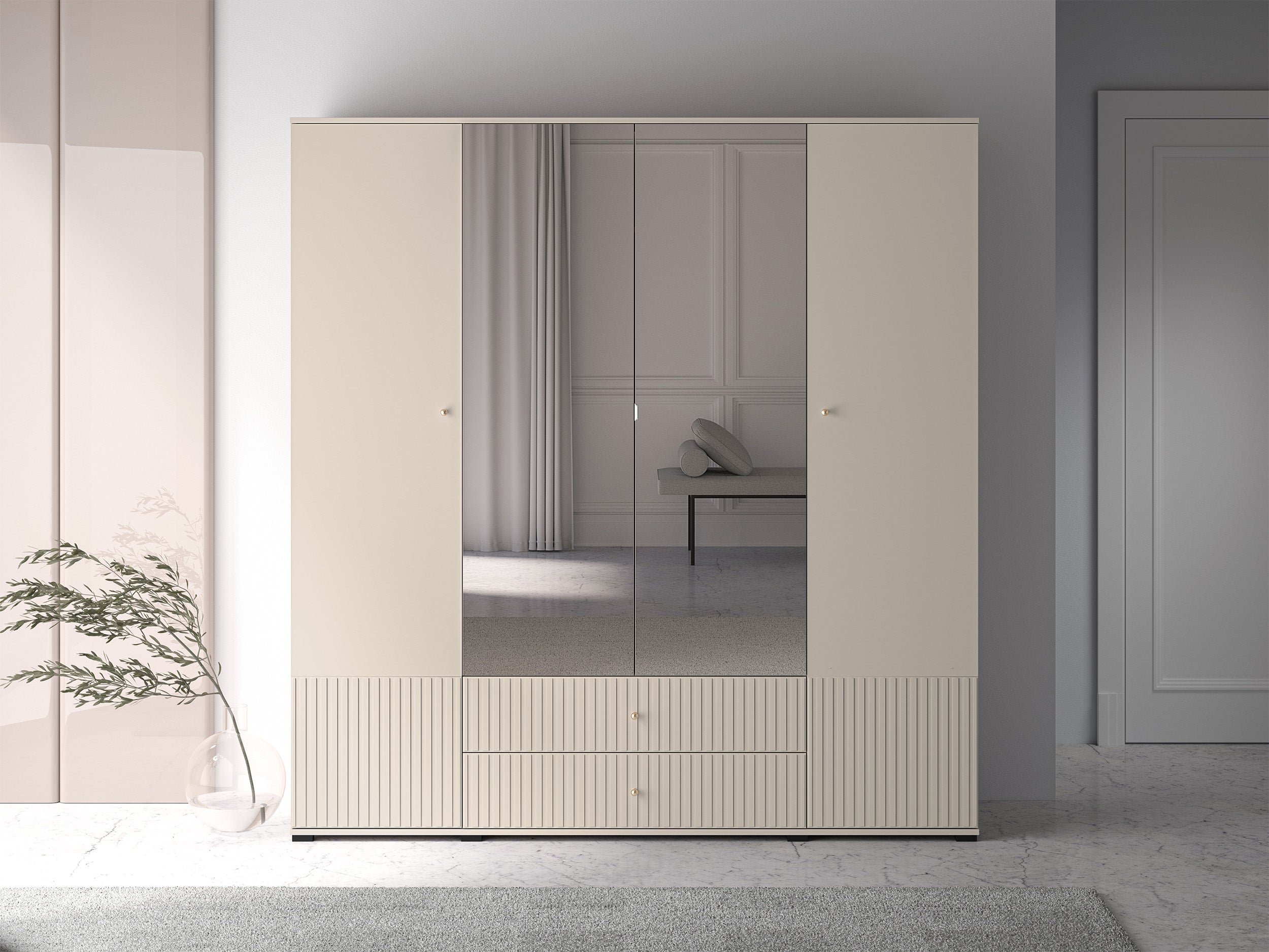 Szafa czterodrzwiowa Caletto 200 cm z dwiema szufladami i lustrem ozdobne lamele beżowa