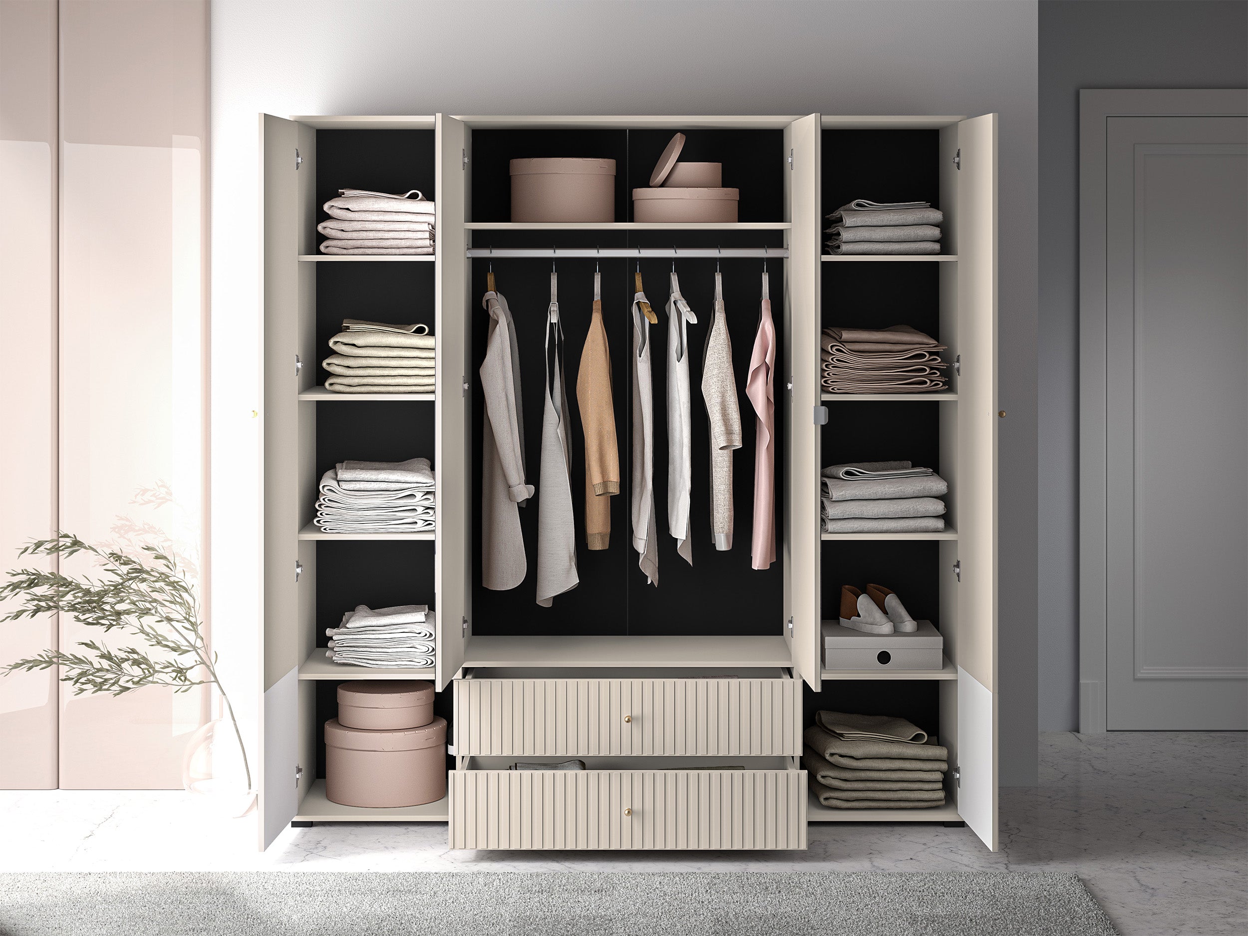 Szafa czterodrzwiowa Caletto 200 cm z dwiema szufladami i lustrem ozdobne lamele beżowa