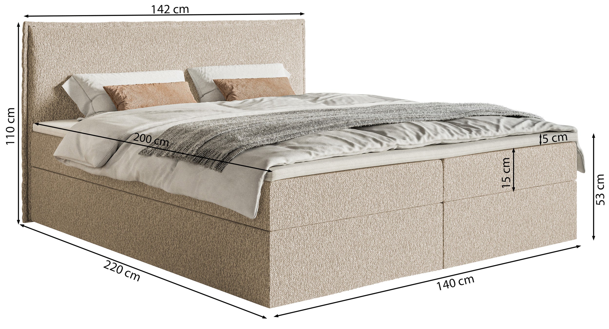 Łóżko kontynentalne 140x200 cm Softie z pojemnikami i topperem jasnoszare szenil