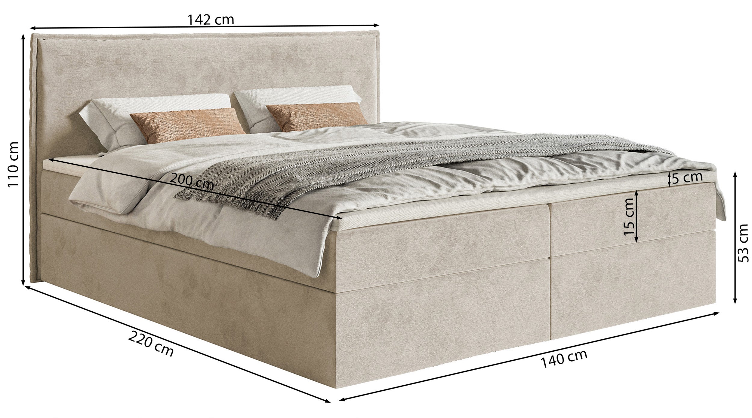 Łóżko kontynentalne 140x200 cm Softie z pojemnikami i topperem jasnoszare welur hydrofobowy