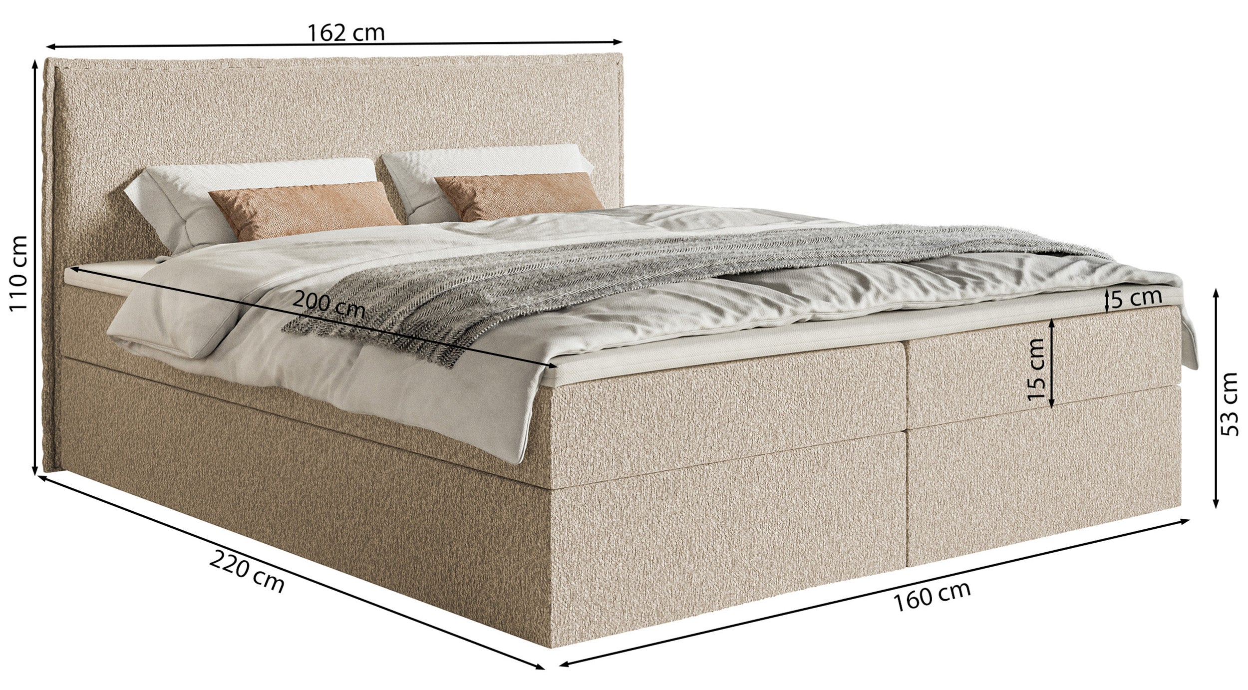 Łóżko kontynentalne 160x200 cm Softie z pojemnikami i topperem jasnoszare szenil