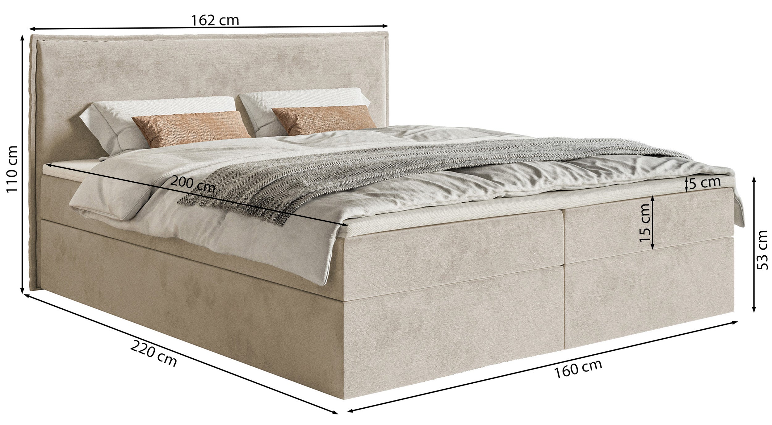 Łóżko kontynentalne 160x200 cm Softie z pojemnikami i topperem szarobeżowe welur hydrofobowy