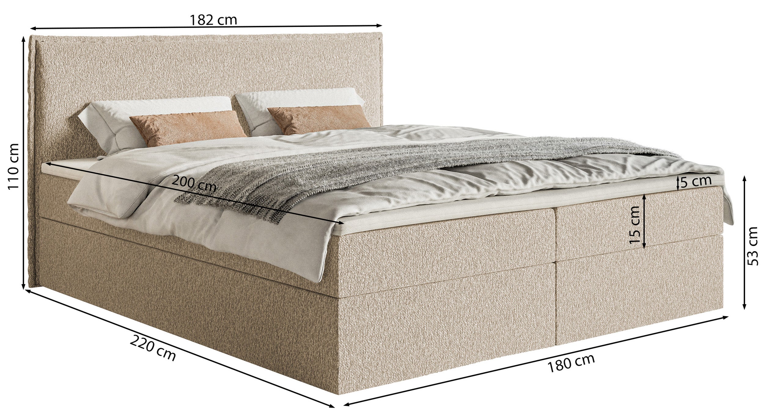Łóżko kontynentalne 180x200 cm Softie z pojemnikami i topperem grafitowe szenil