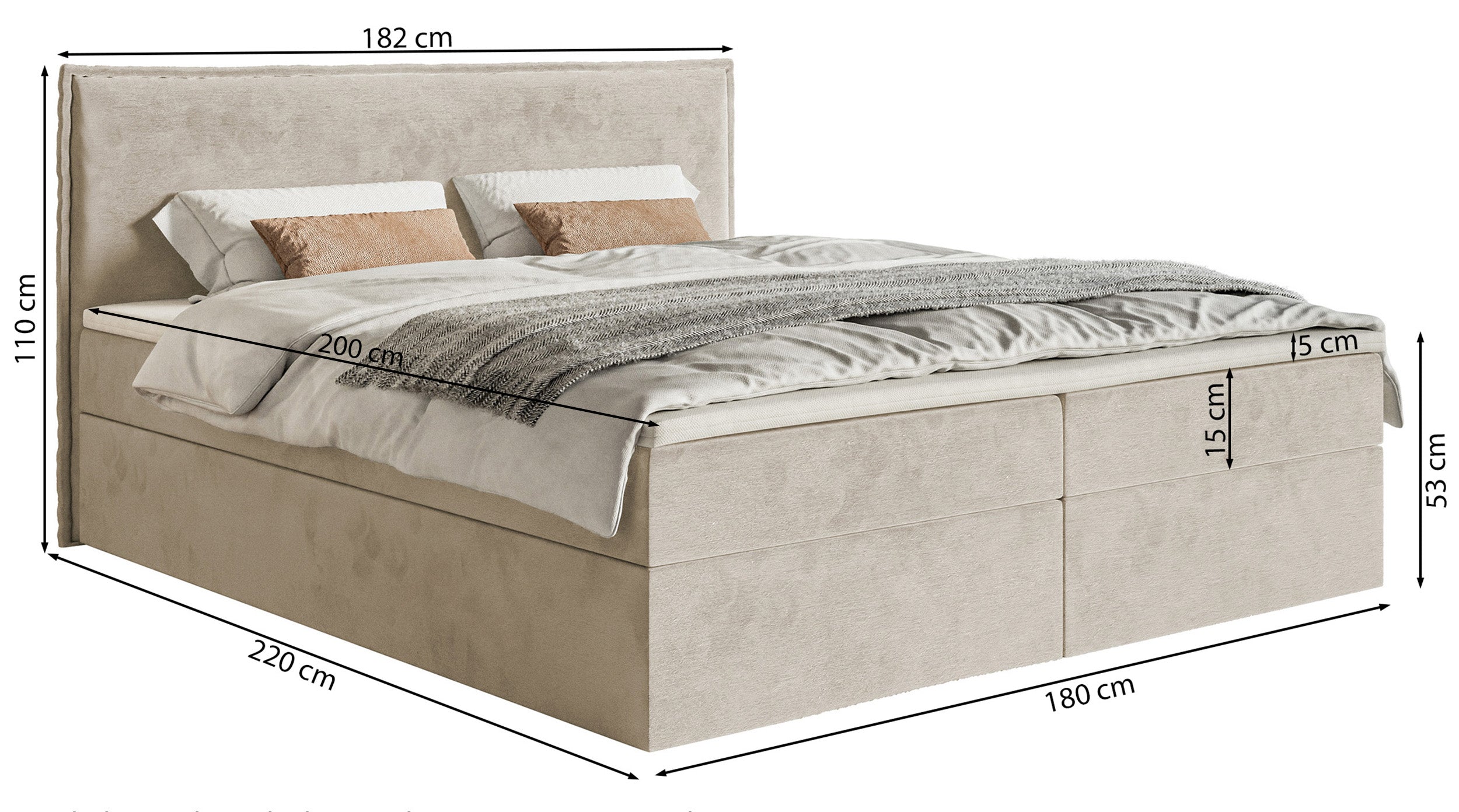 Łóżko kontynentalne 180x200 cm Softie z pojemnikami i topperem beżowe welur hydrofobowy