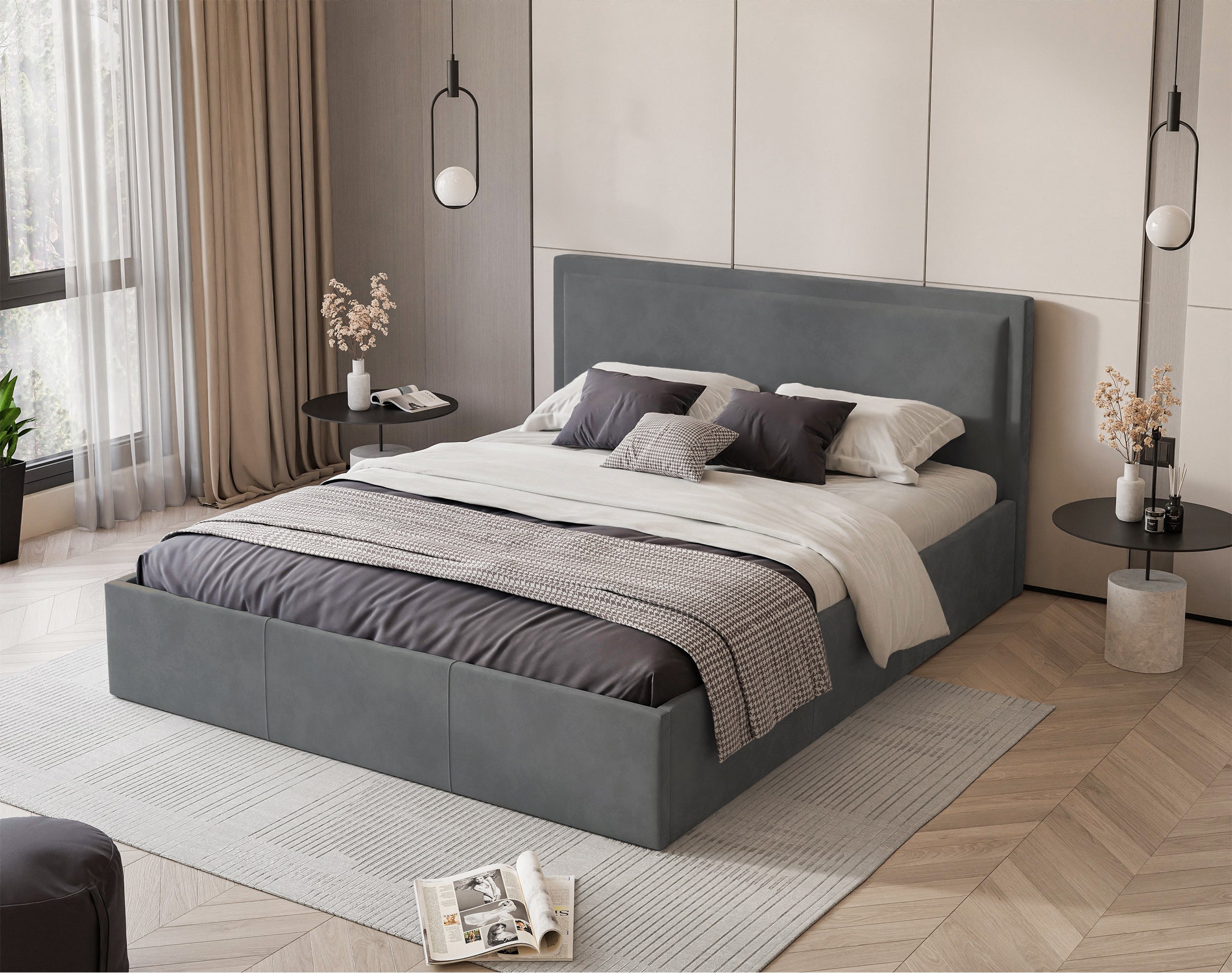 Łóżko tapicerowane 160x200 cm Soave z pojemnikiem i metalowym stelażem stalowy welur