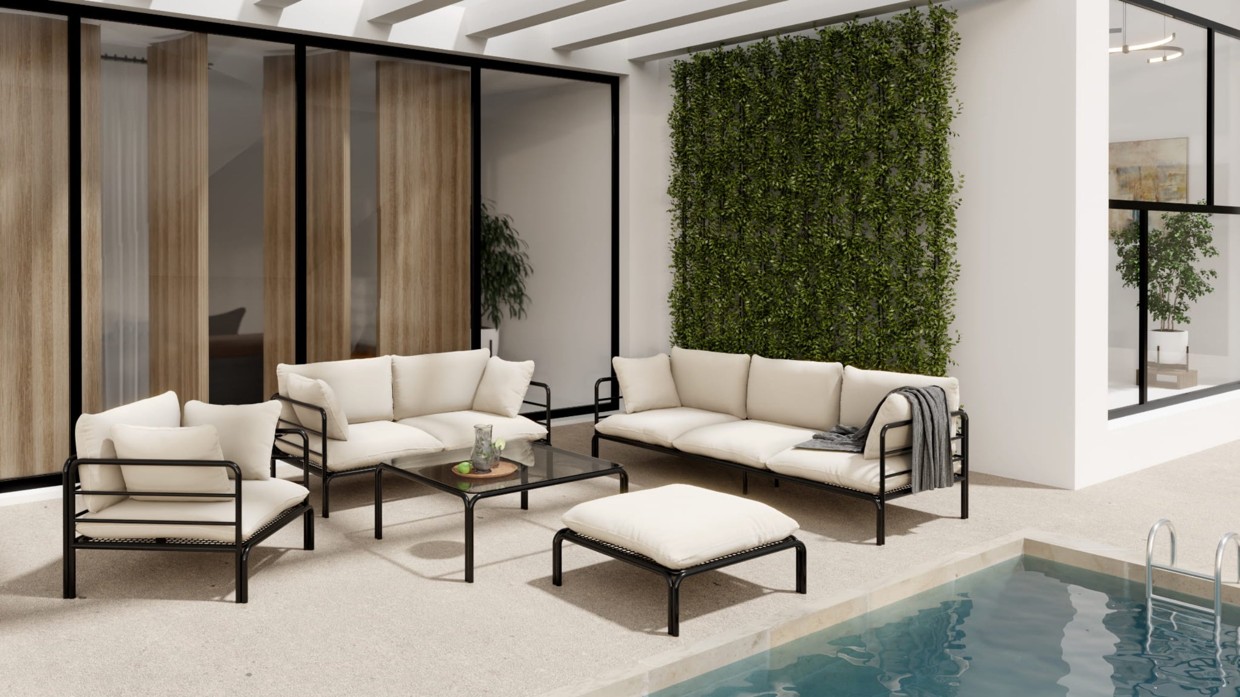 Sofa ogrodowa trzyosobowa Worcully w tkaninie hydrofobowej beżowa/ czarny stelaż