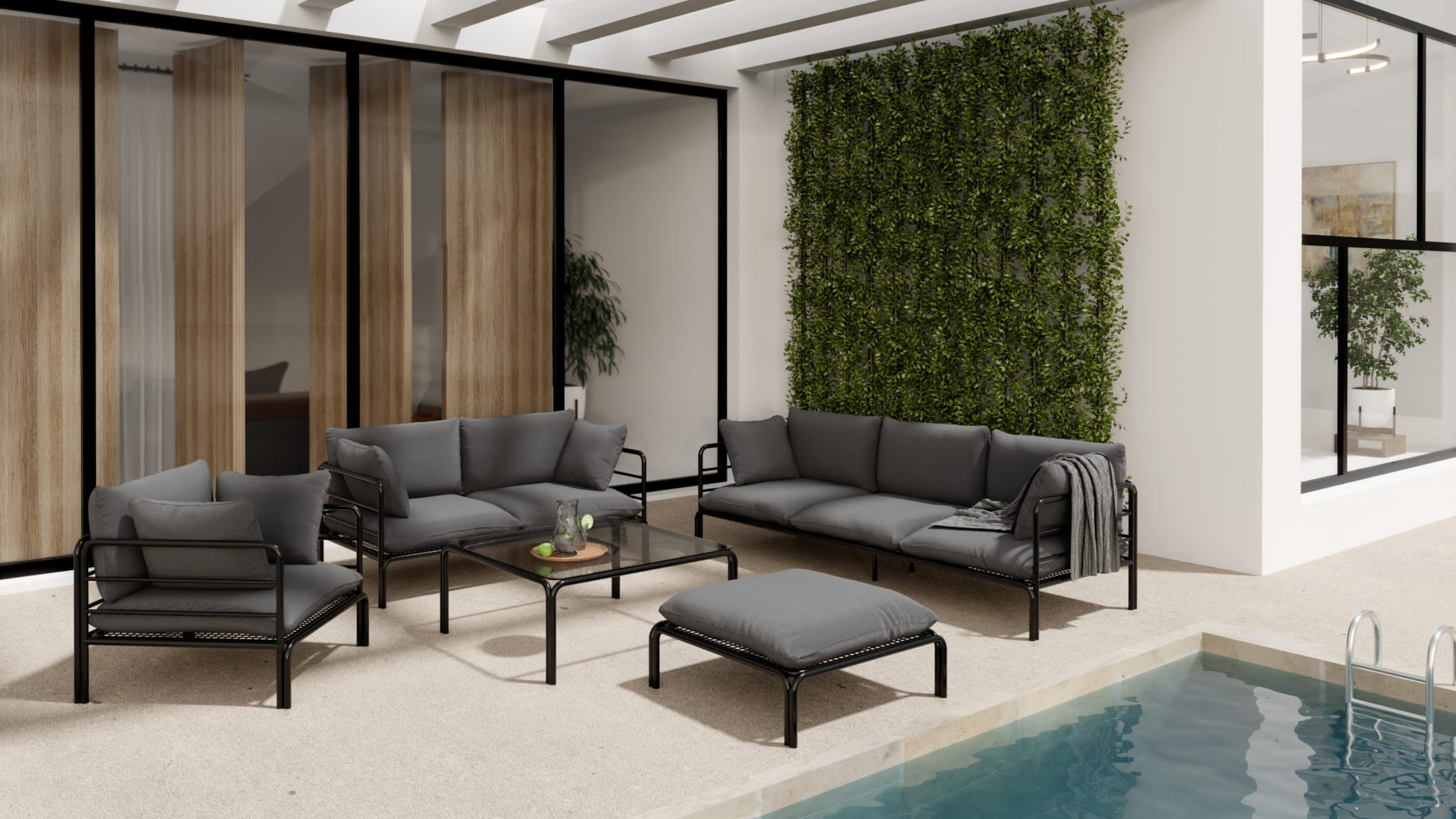 Sofa ogrodowa dwuosobowa Worcully w tkaninie hydrofobowej antracytowa/ czarny stelaż