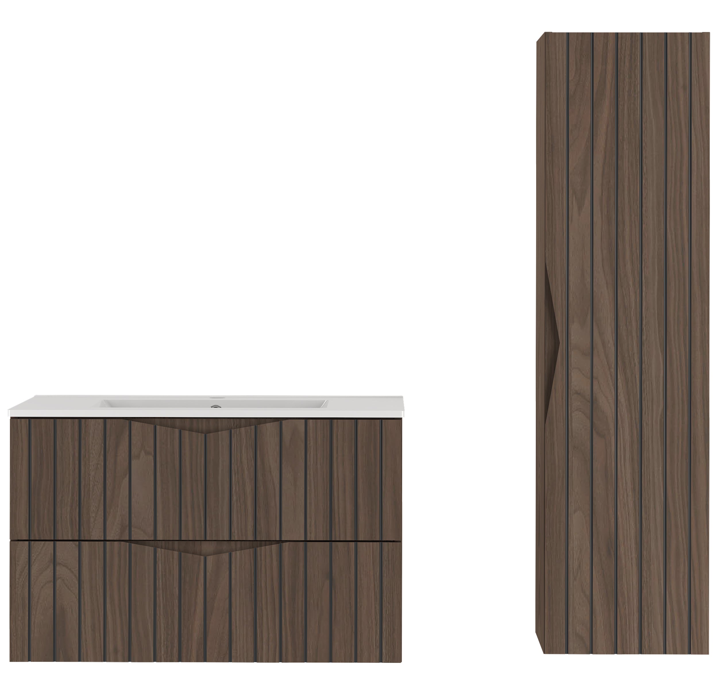 Zestaw łazienkowy z umywalką i słupkiem Stella 115 cm ryflowane fronty orzech / czarny mat