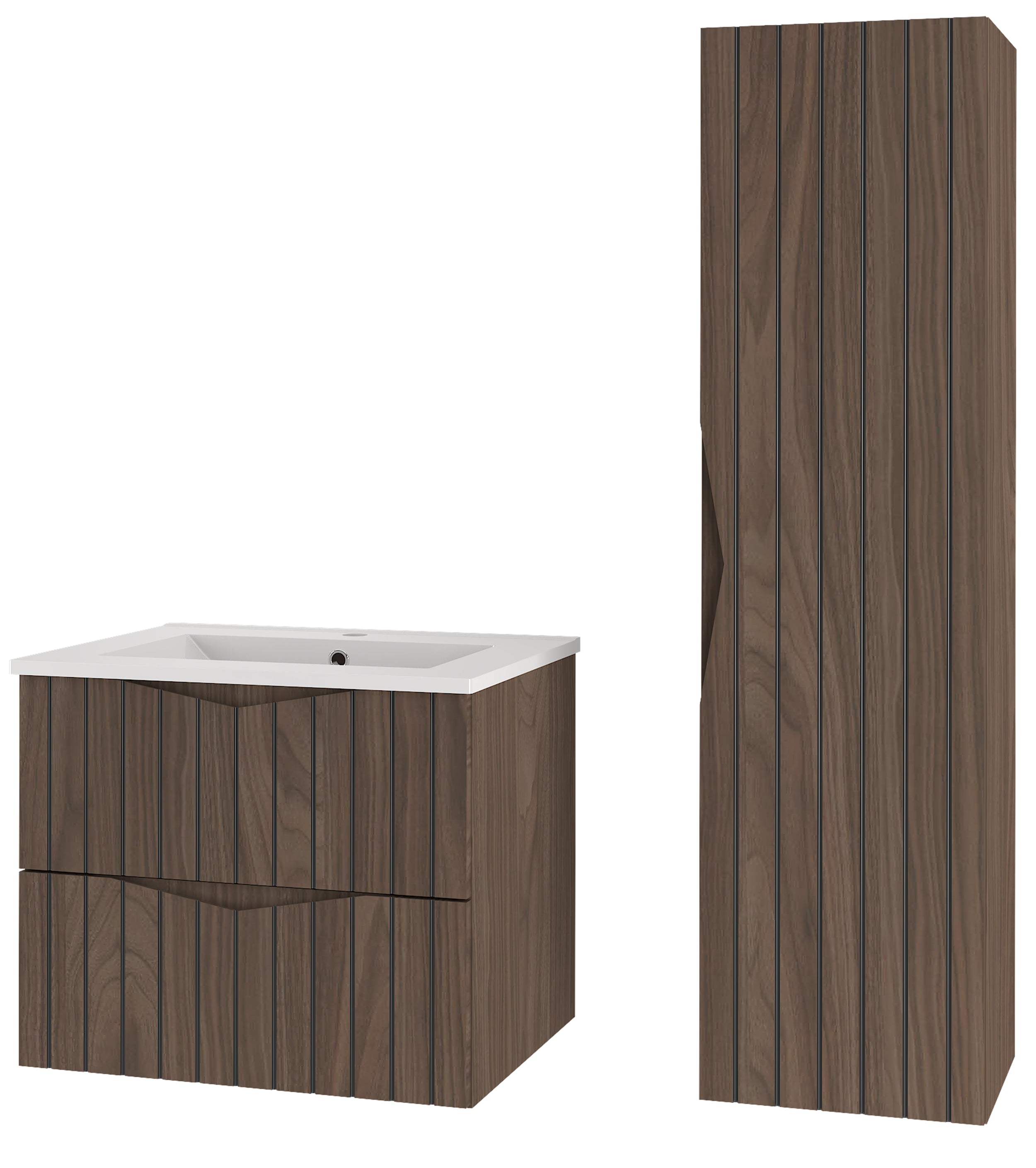Zestaw łazienkowy z umywalką i słupkiem Stella 95 cm ryflowane fronty orzech / czarny mat