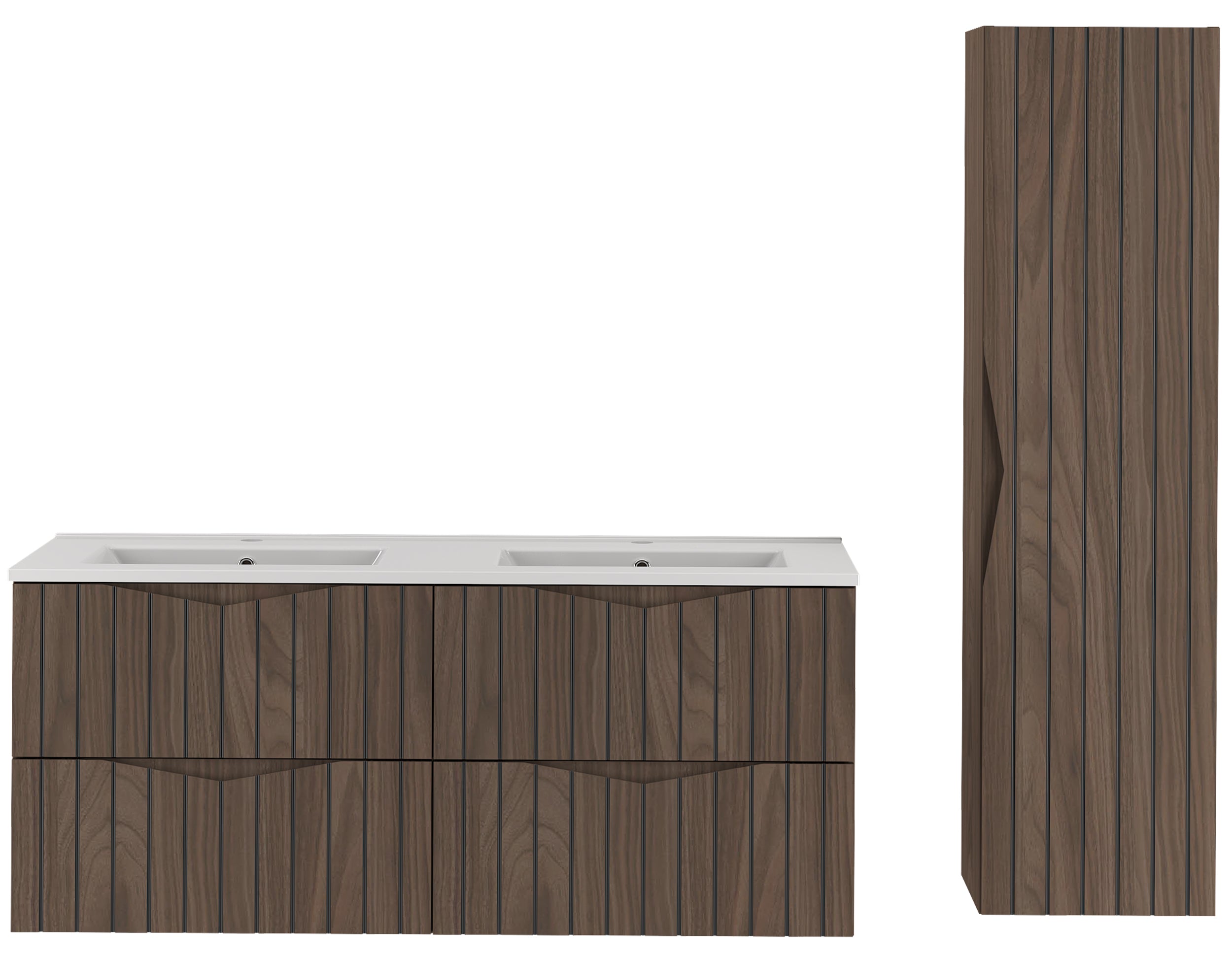 Zestaw łazienkowy z dwiema umywalkami i słupkiem Stella 155 cm ryflowane fronty orzech / czarny mat