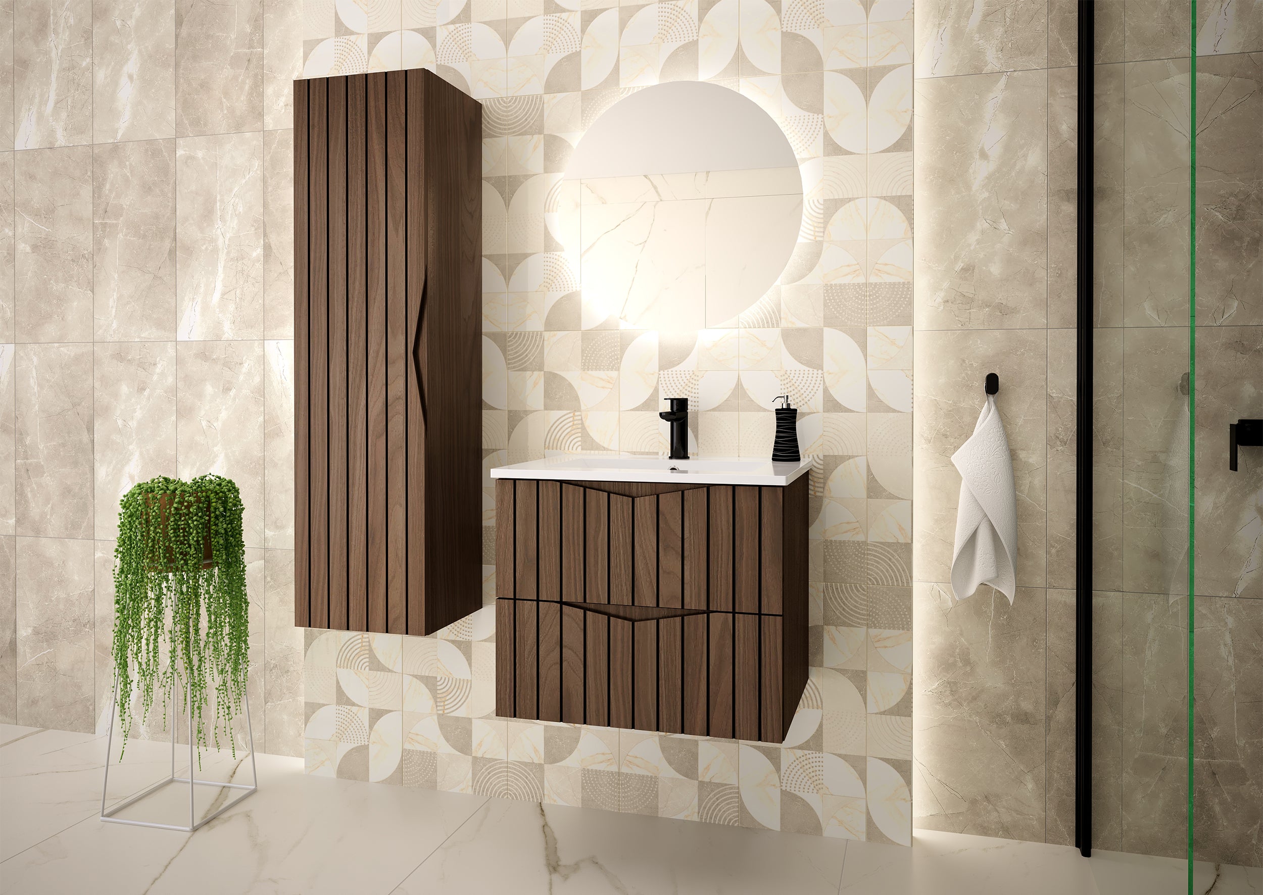 Szafka pod umywalkę Stella 60 cm ryflowane fronty orzech / czarny mat