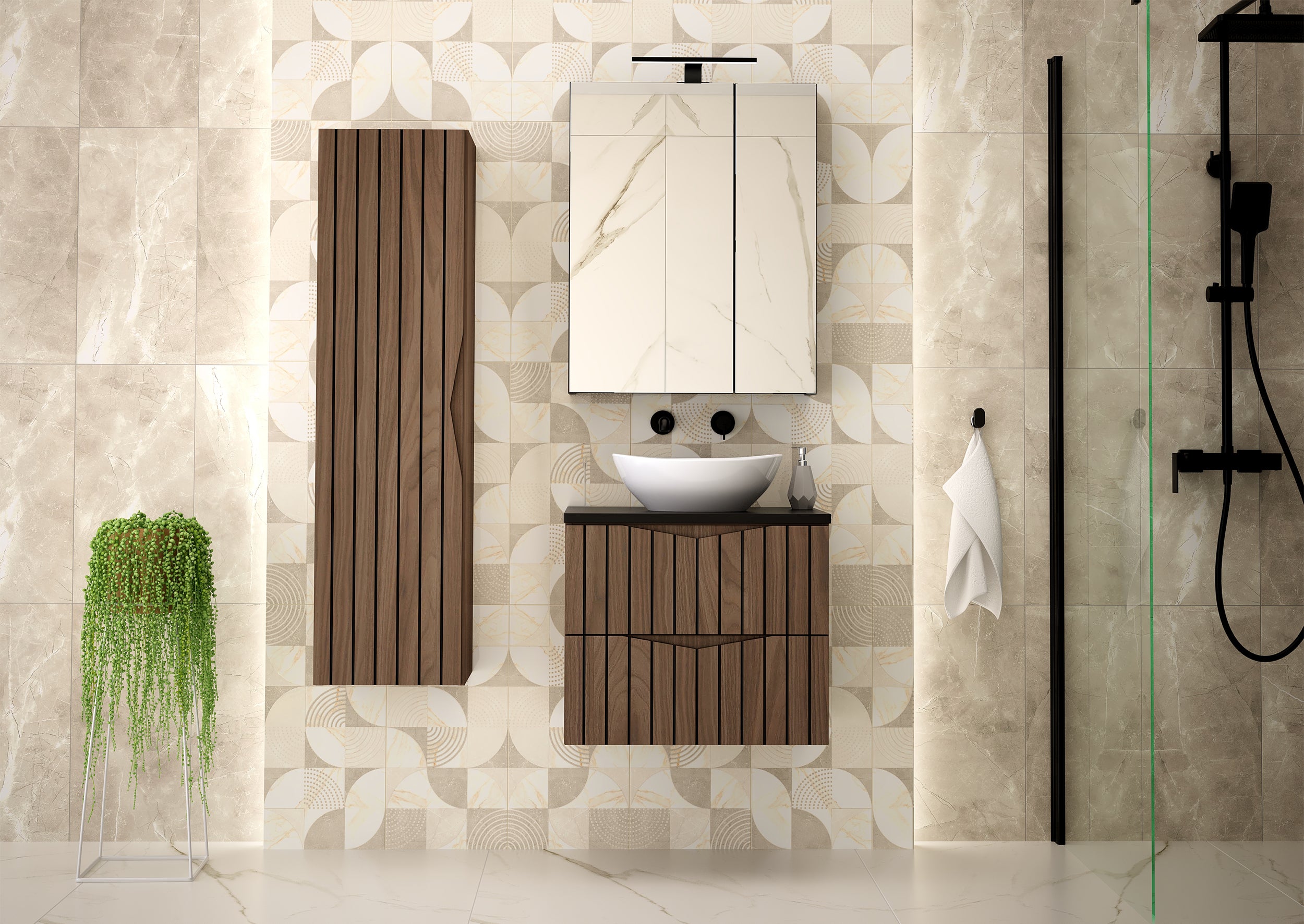 Szafka łazienkowa z blatem i umywalką nablatową Stella 60 cm ryflowane fronty orzech / czarny mat