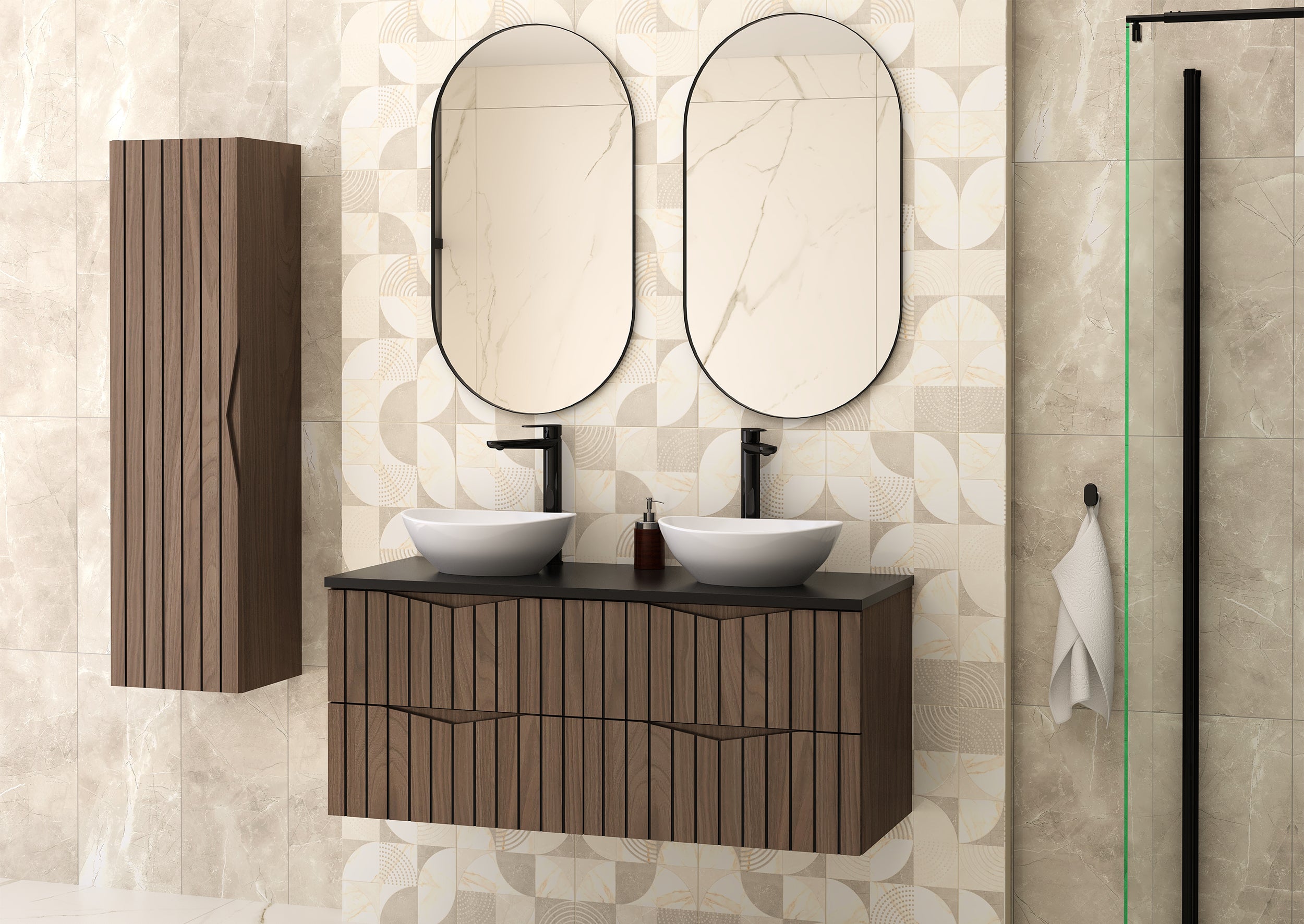 Zestaw łazienkowy z dwiema szafkami i dwiema umywalkami nablatowymi Stella 120 cm ryflowane fronty orzech / czarny mat