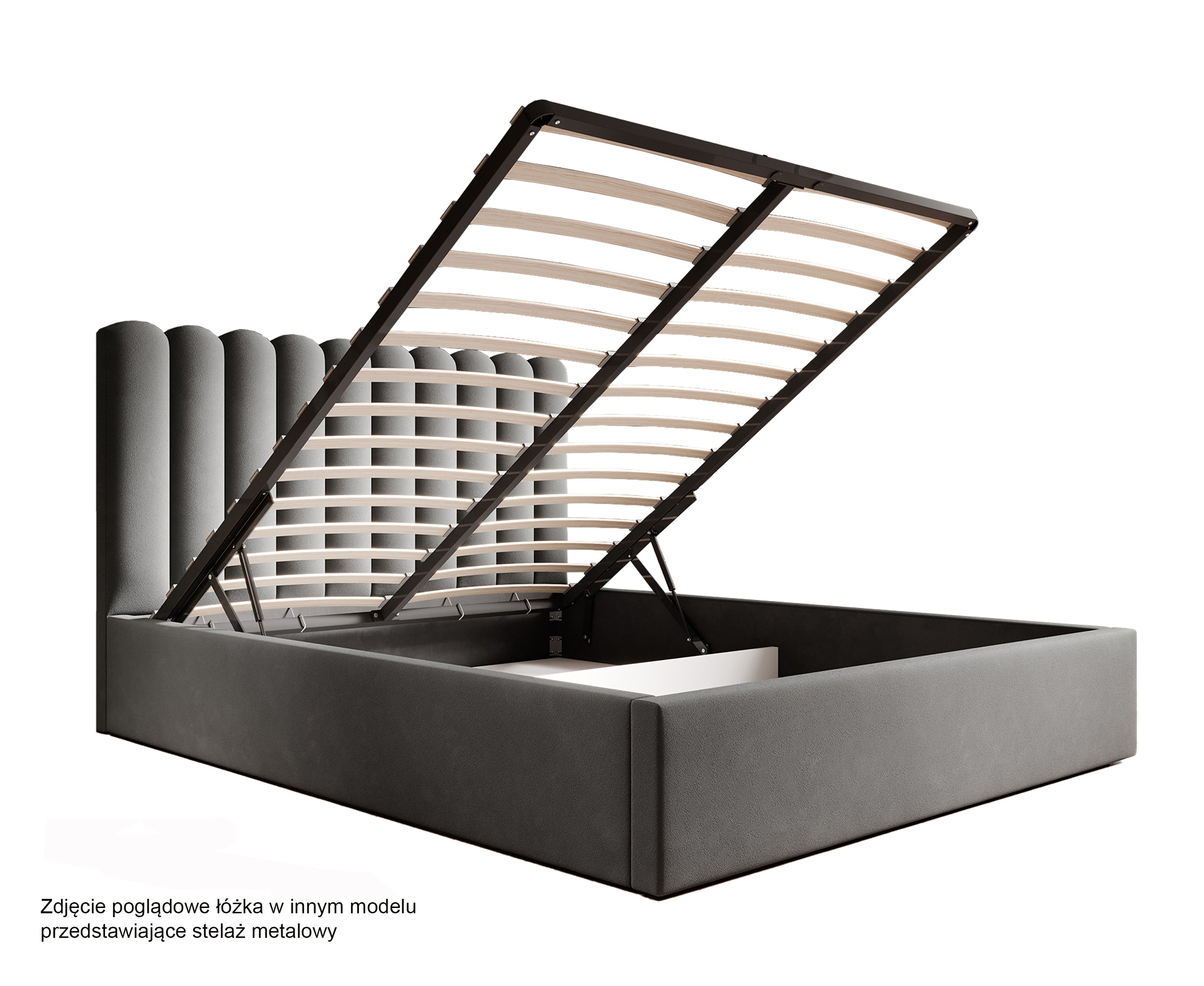 Łóżko tapicerowane 180x200 cm Biscottino zielone z pojemnikiem stelaż metalowy podnośnik gazowy