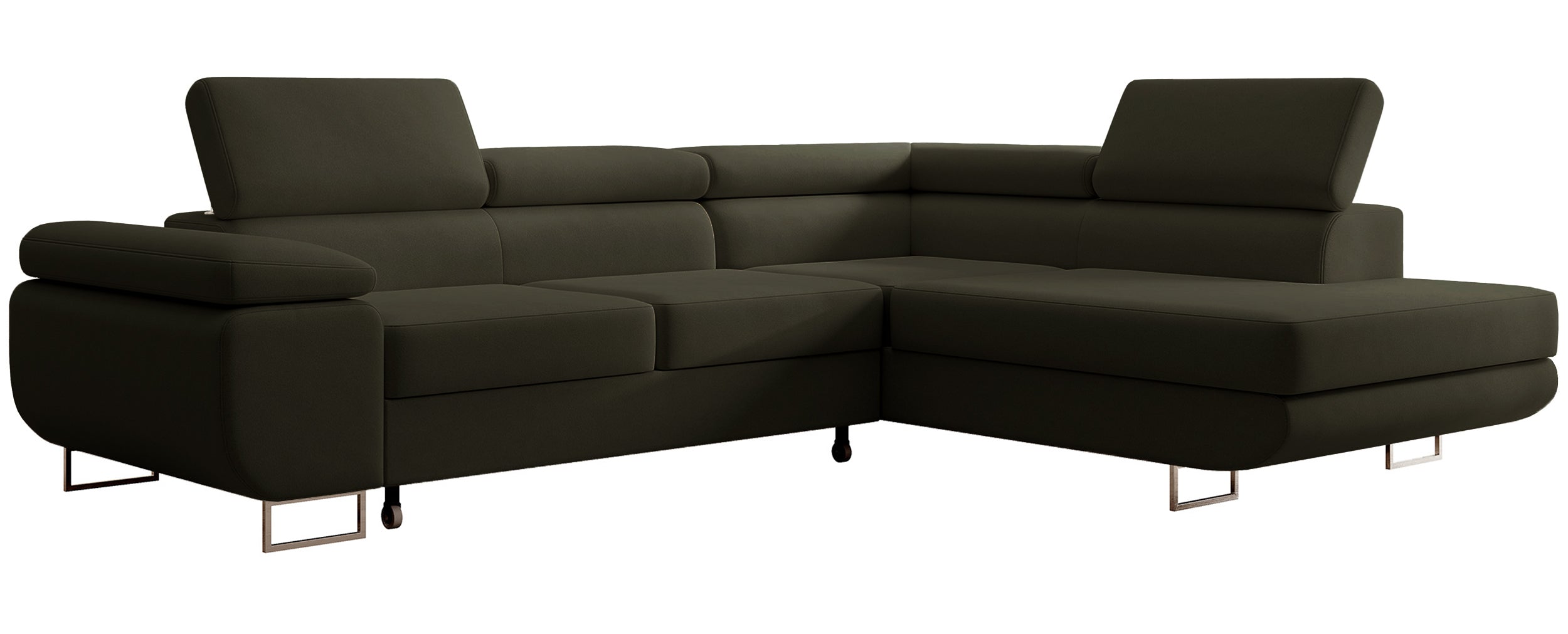 Narożnik z funkcją spania Stevil L-kształtny z pojemnikiem oliwkowy welur łatwoczyszczący prawostronny