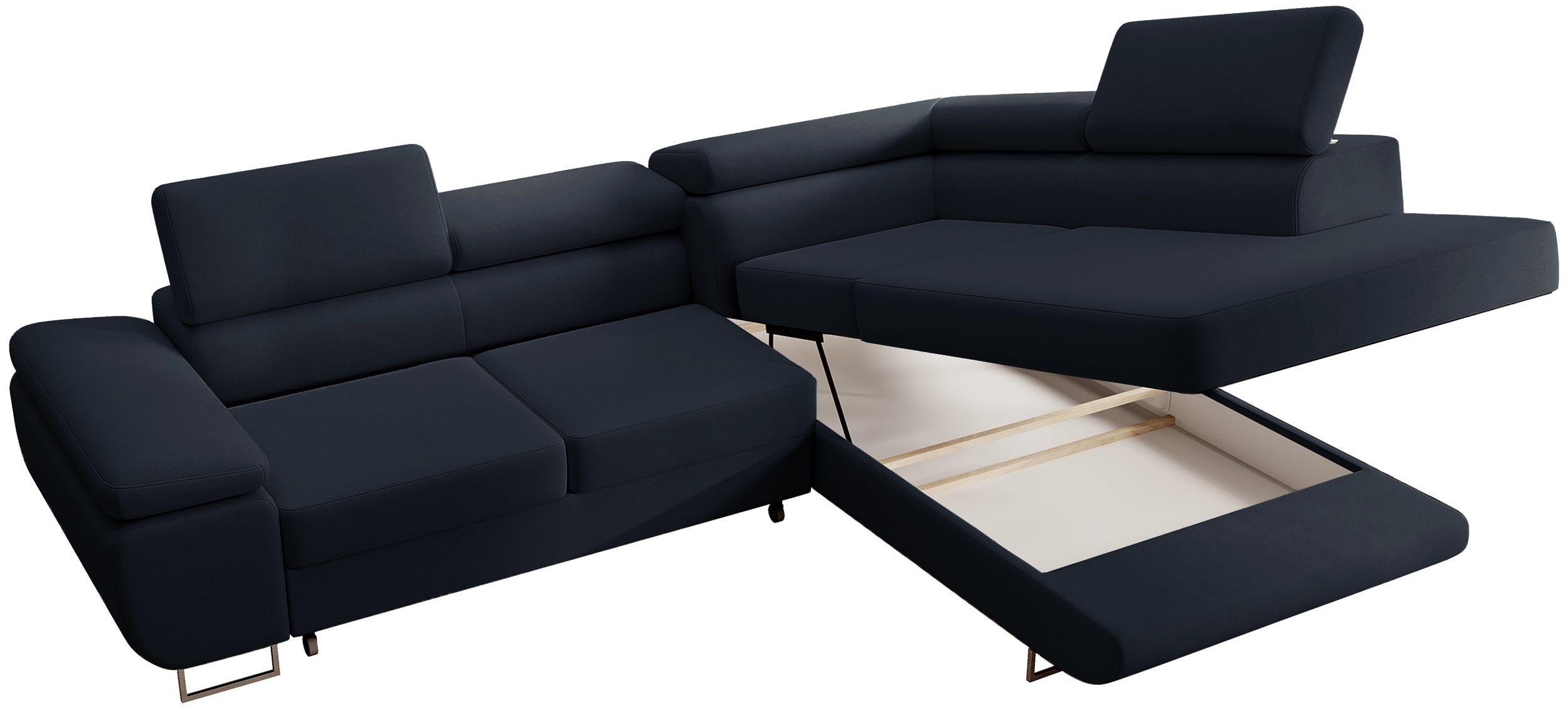 Narożnik z funkcją spania Stevil L-kształtny z pojemnikiem granatowy welur łatwoczyszczący prawostronny