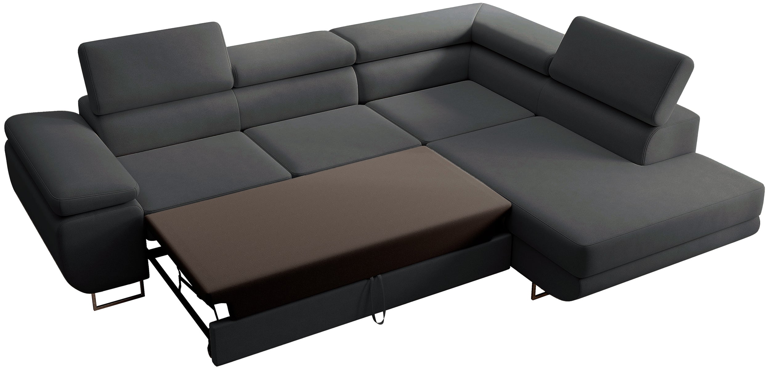 Narożnik z funkcją spania Stevil L-kształtny z pojemnikiem ciemnoszary welur łatwoczyszczący prawostronny