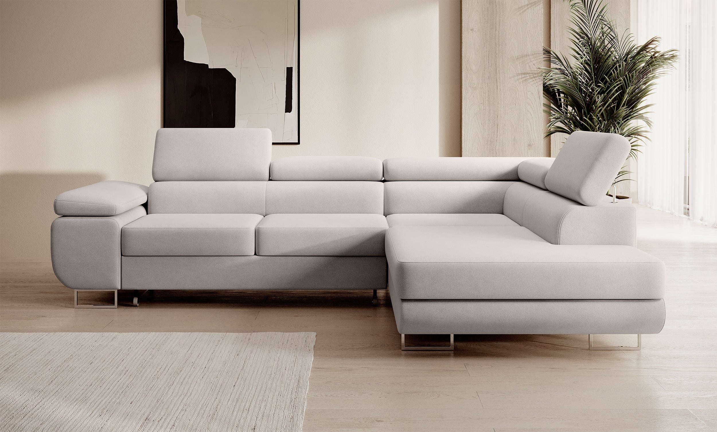 Narożnik z funkcją spania Stevil L-kształtny z pojemnikiem kremowy welur łatwoczyszczący prawostronny