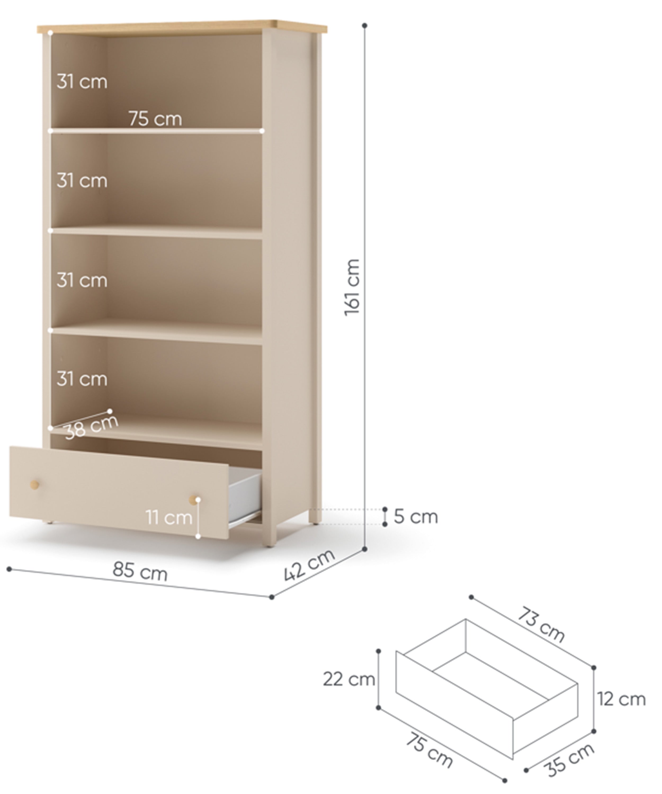 Rysunek wymiarowy - Regał do pokoju dziecięcego Story z szufladą 85 cm beż piaskowy/dąb vincenza bielona: szerokość 85 cm, głębokość 42 cm, wysokość 161 cm