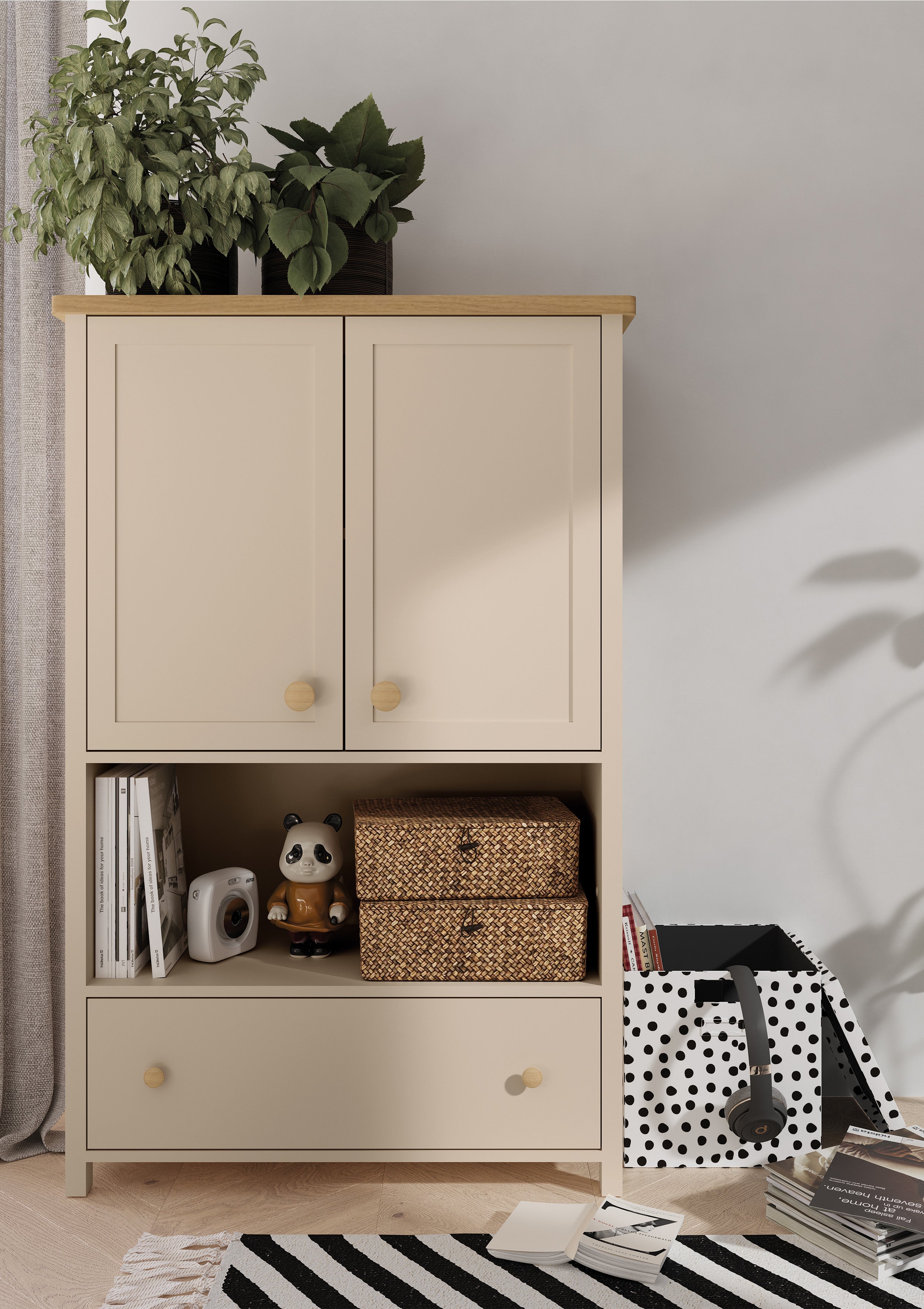 Komoda dwudrzwiowa Story z szufladą i wnęką 85 cm beż piaskowy/dąb vincenza bielona