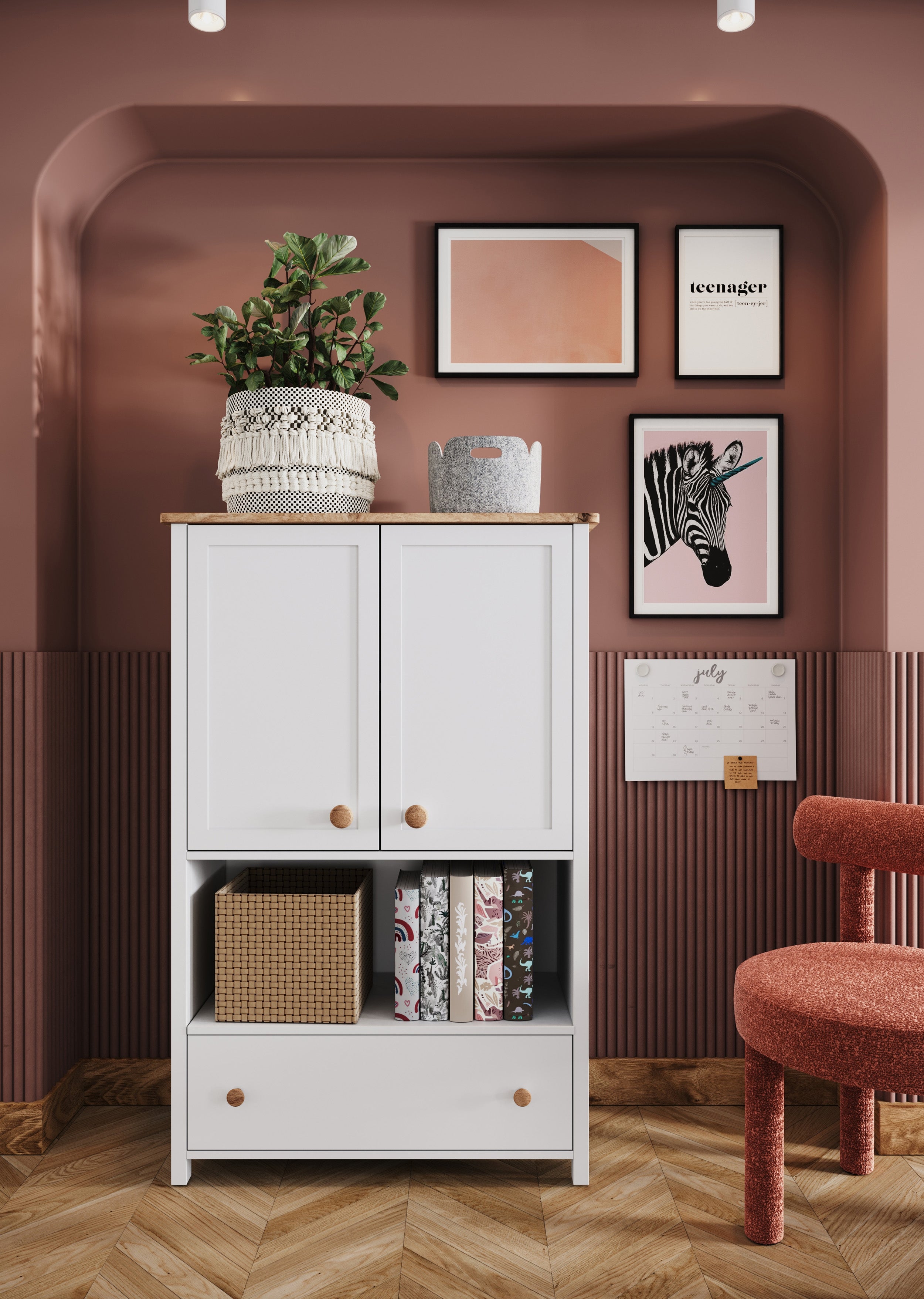 Komoda dwudrzwiowa Story z szufladą i wnęką 85 cm biała/dąb nash