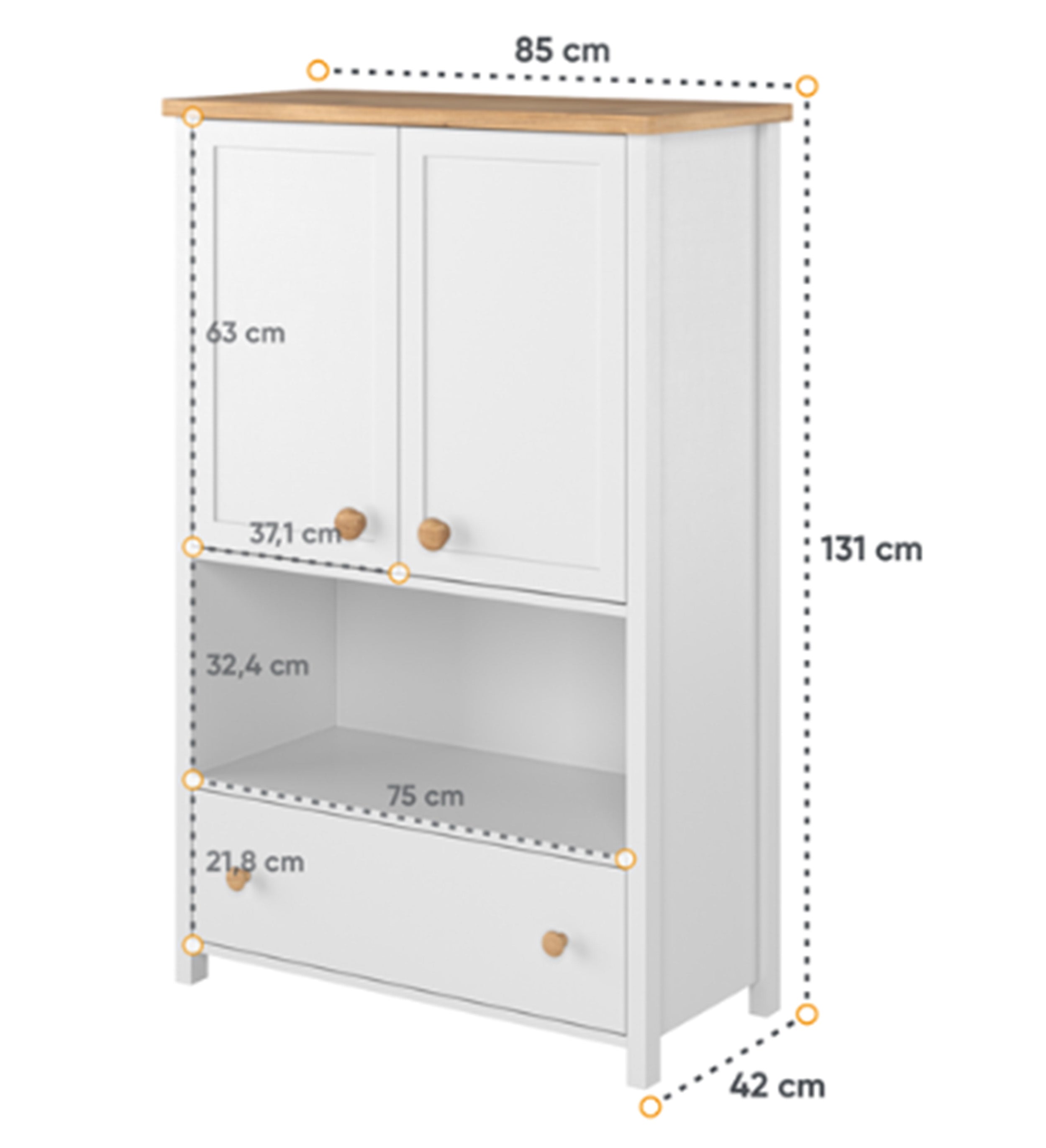 Komoda dwudrzwiowa Story z szufladą i wnęką 85 cm biała/dąb nash