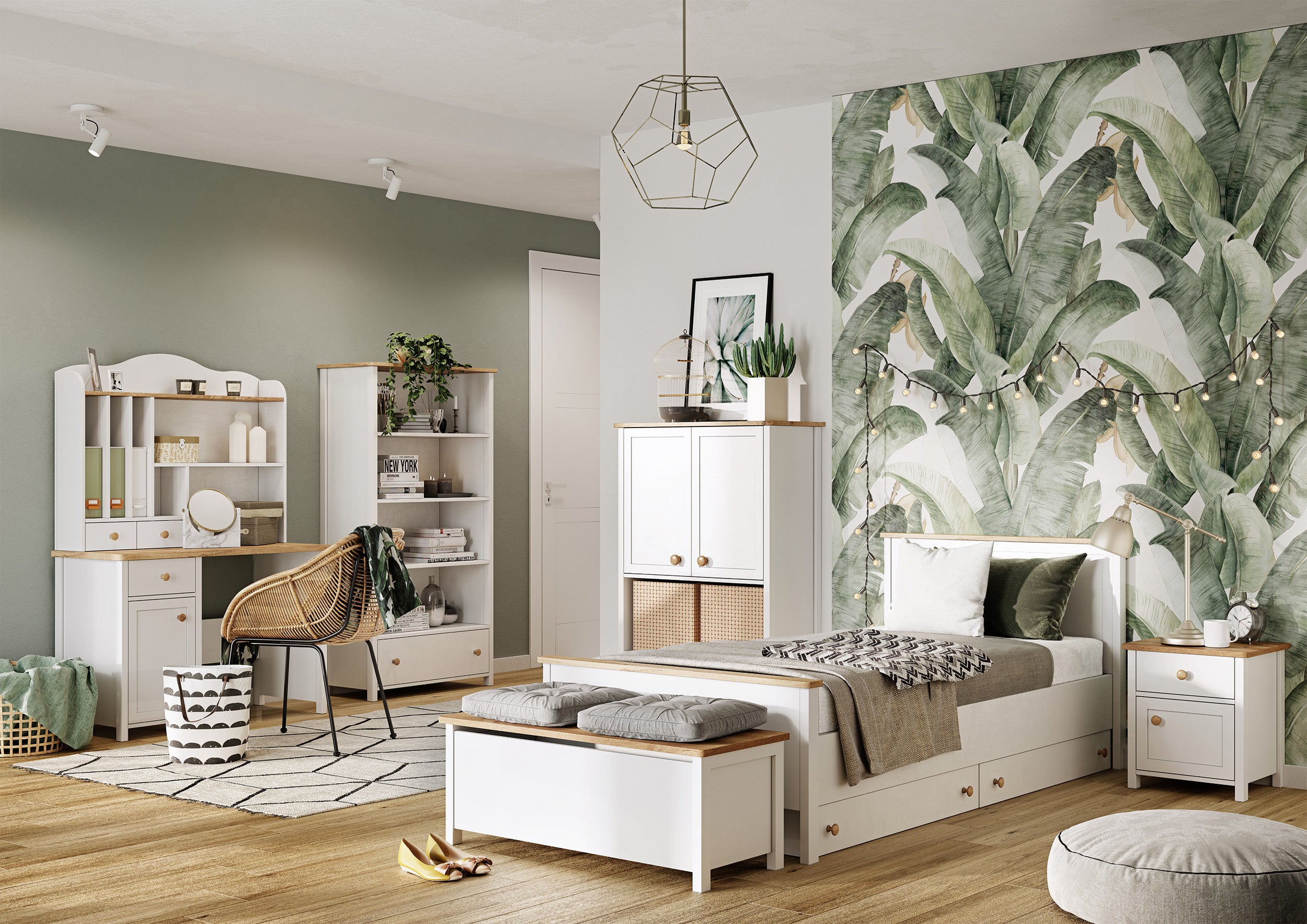 Komoda dwudrzwiowa Story z szufladą i wnęką 85 cm biała/dąb nash