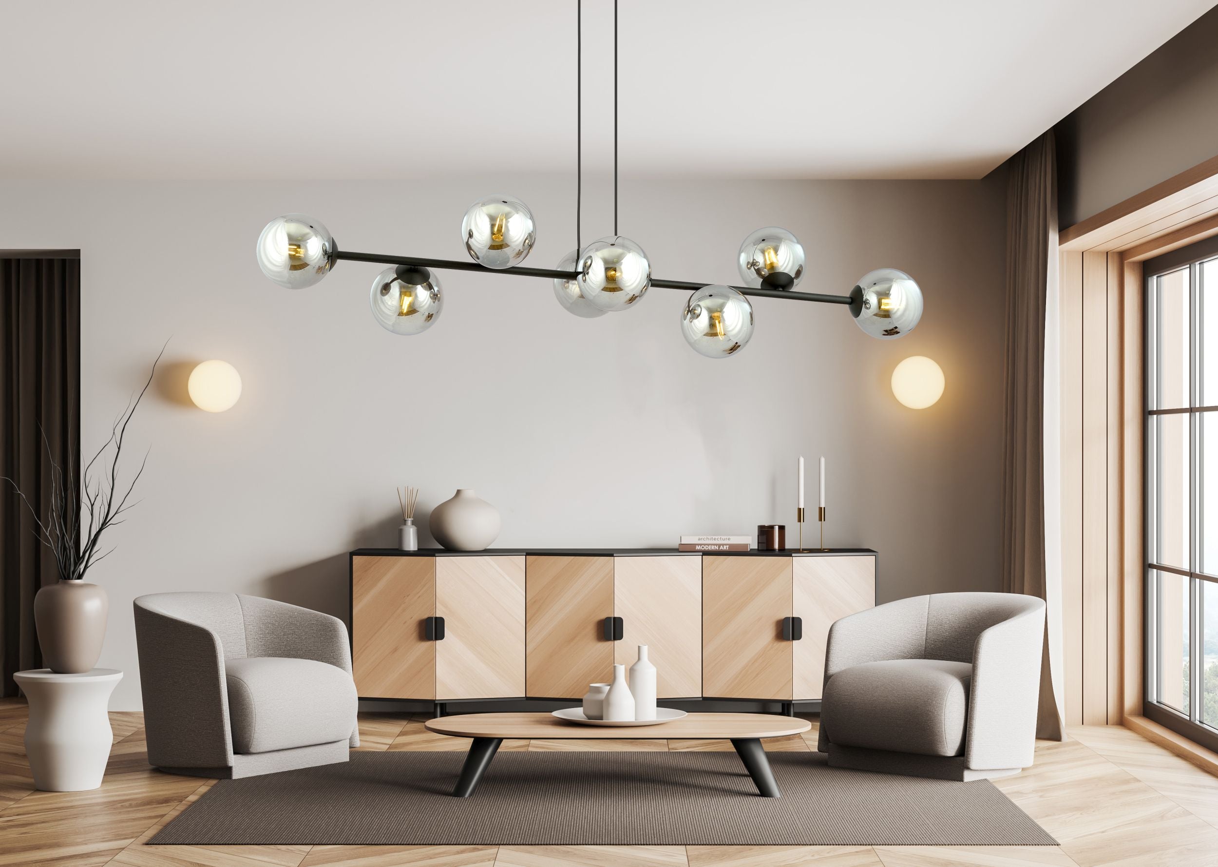 Lampa wisząca Sulmona czarna z grafitowymi kloszami x8