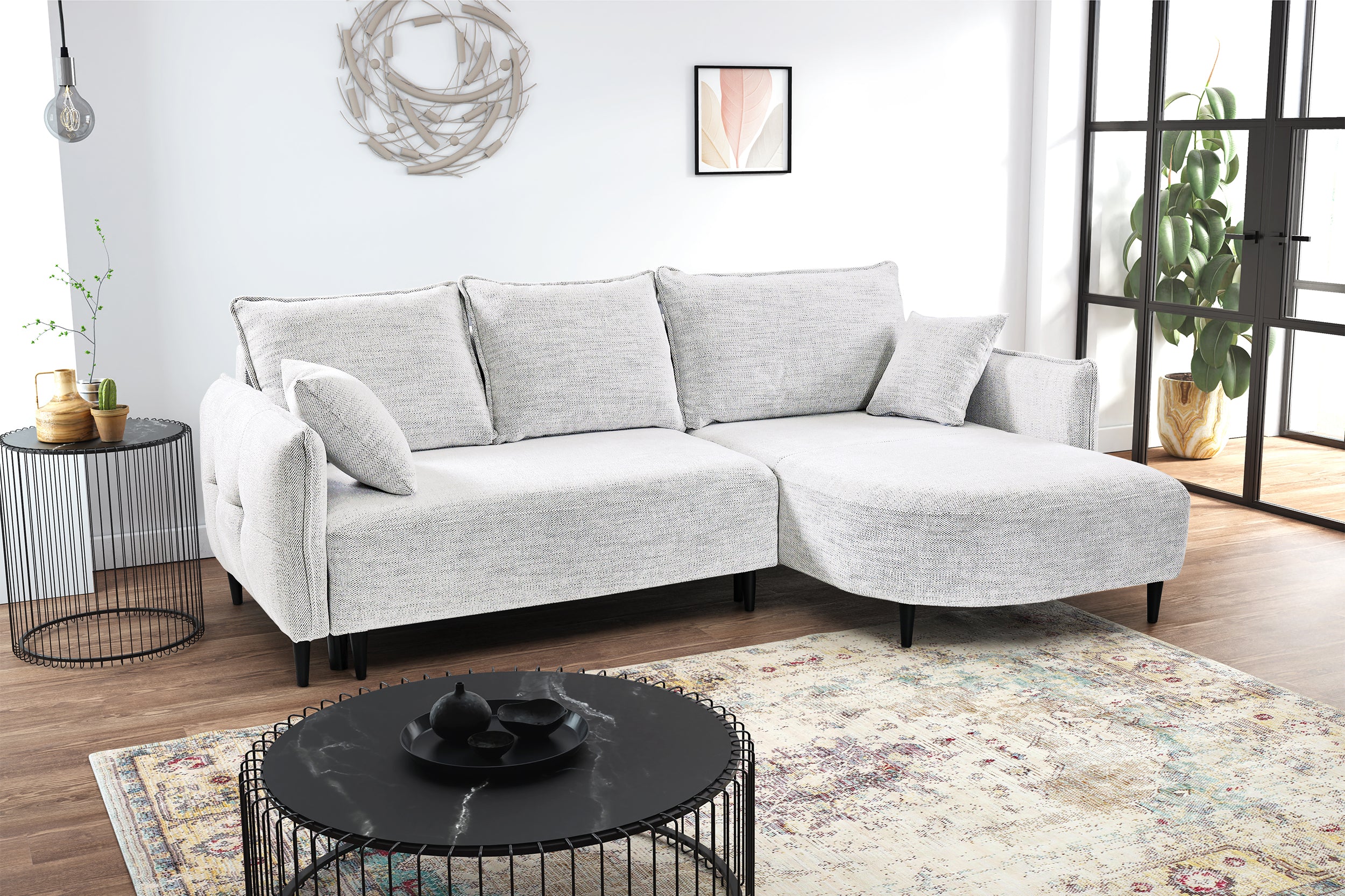 Narożnik z funkcją spania Oblivio mini L-kształtny prawostronny z pojemnikiem biały plecionka