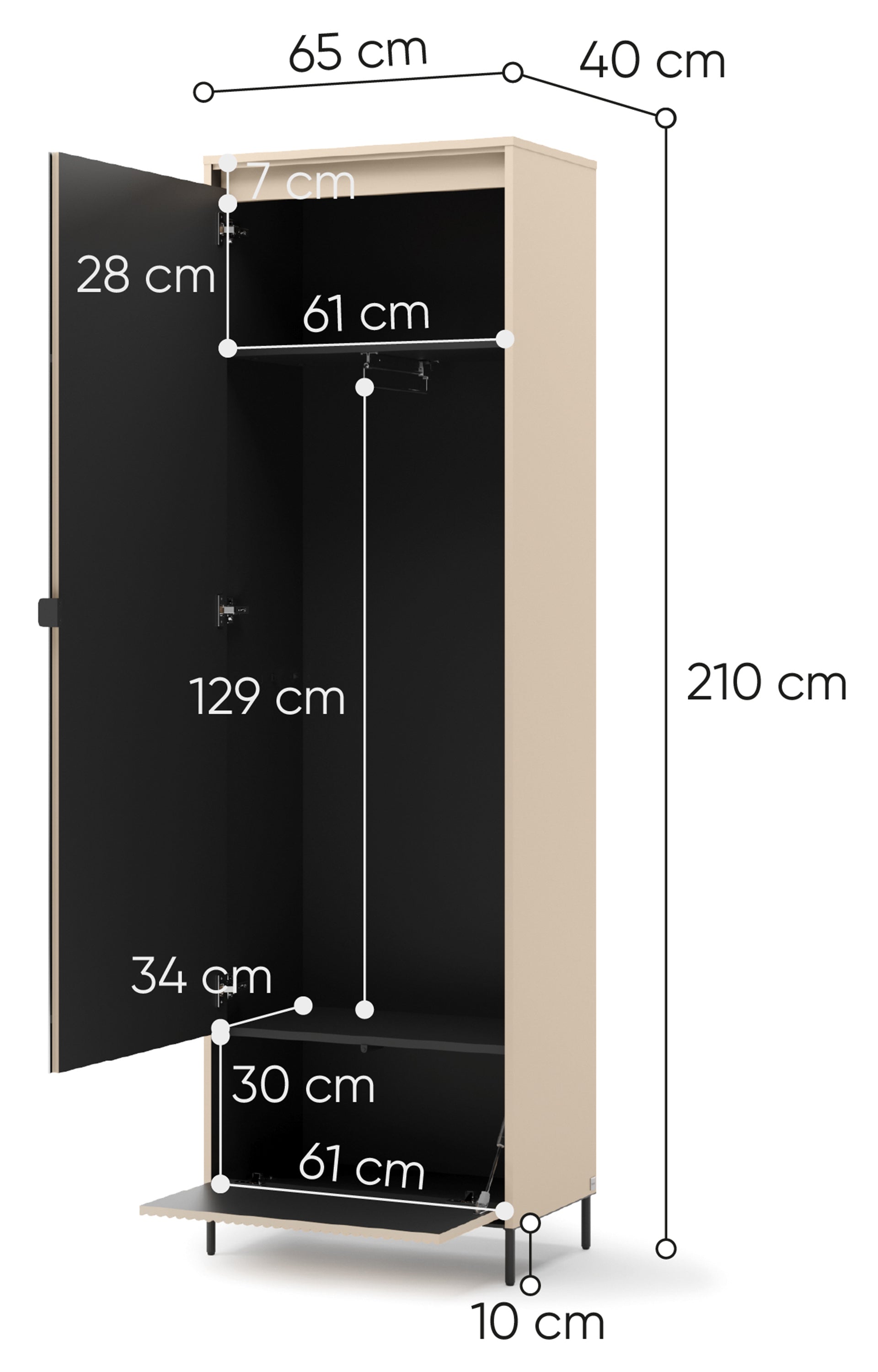 Szafa jednodrzwiowa Trend z lustrem i oświetleniem 65 cm ryflowany front beż piaskowy / czarny