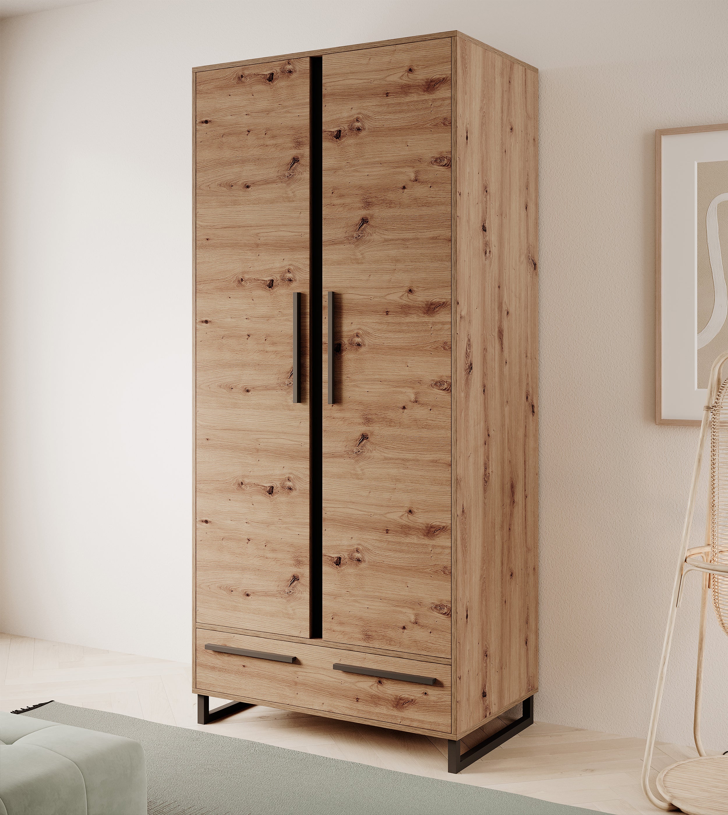 Szafa dwudrzwiowa 90 cm Abirly 150 cm dąb artisan/czarna
