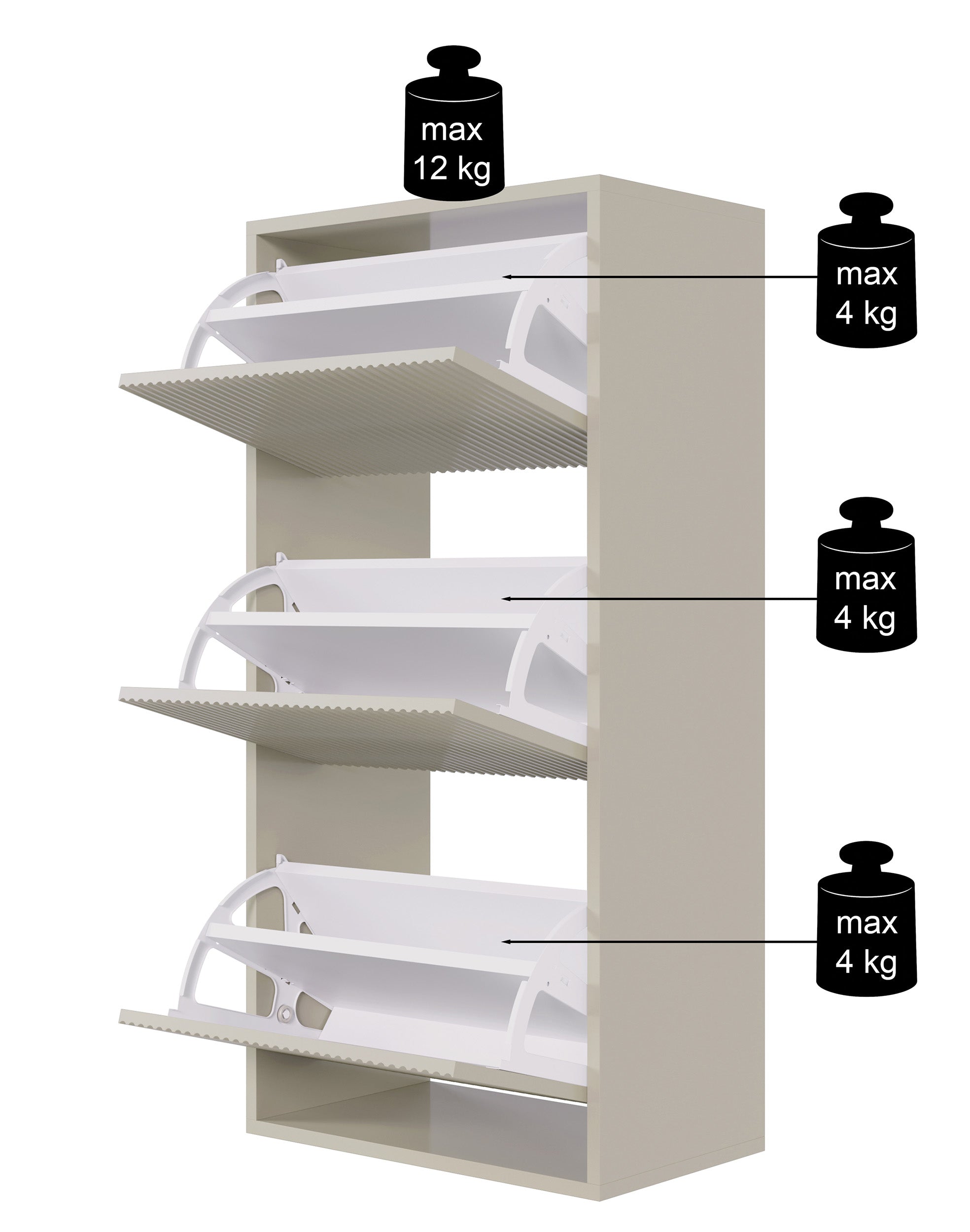 Szafka na buty Veldio z frezowanym frontem i trzema przegrodami 50 cm Biała wisząca