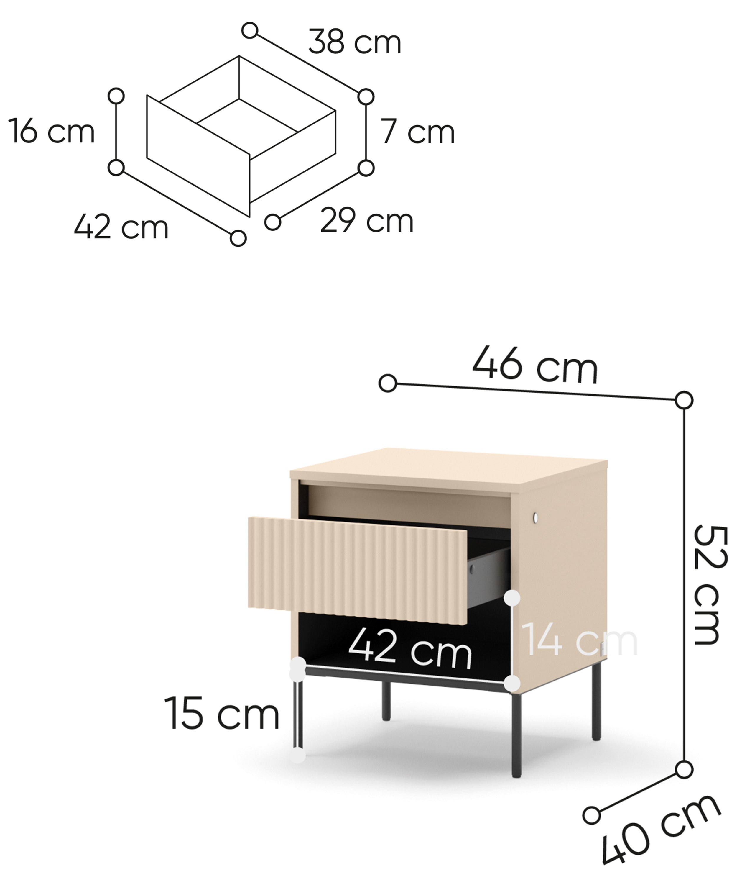 Szafka nocna Trend z szufladą i oświetleniem 46 cm ryflowany front beż piaskowy / czarny