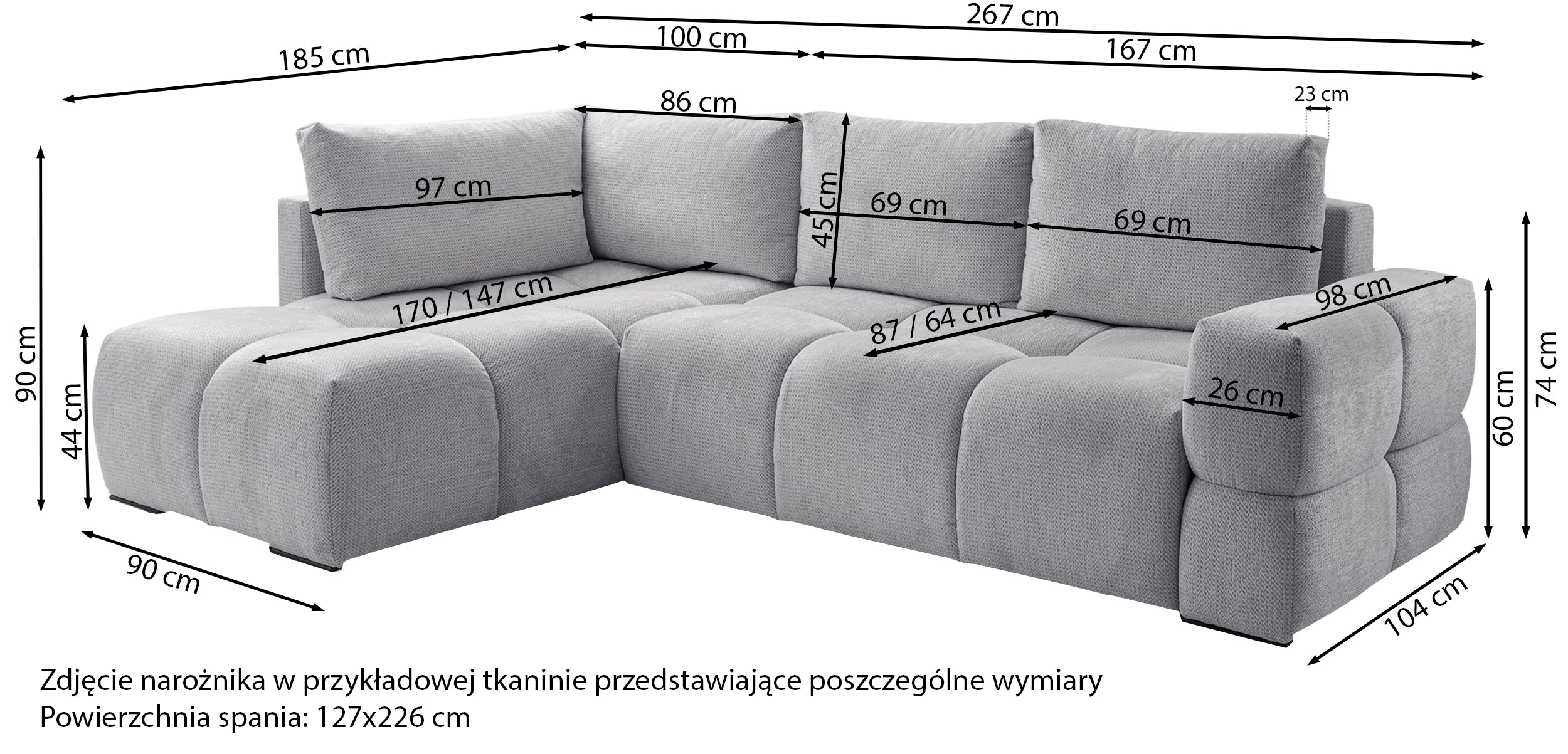 Narożnik z funkcją spania Taremi L-kształtny uniwersalny z pojemnikiem szary szenil hydrofobowy