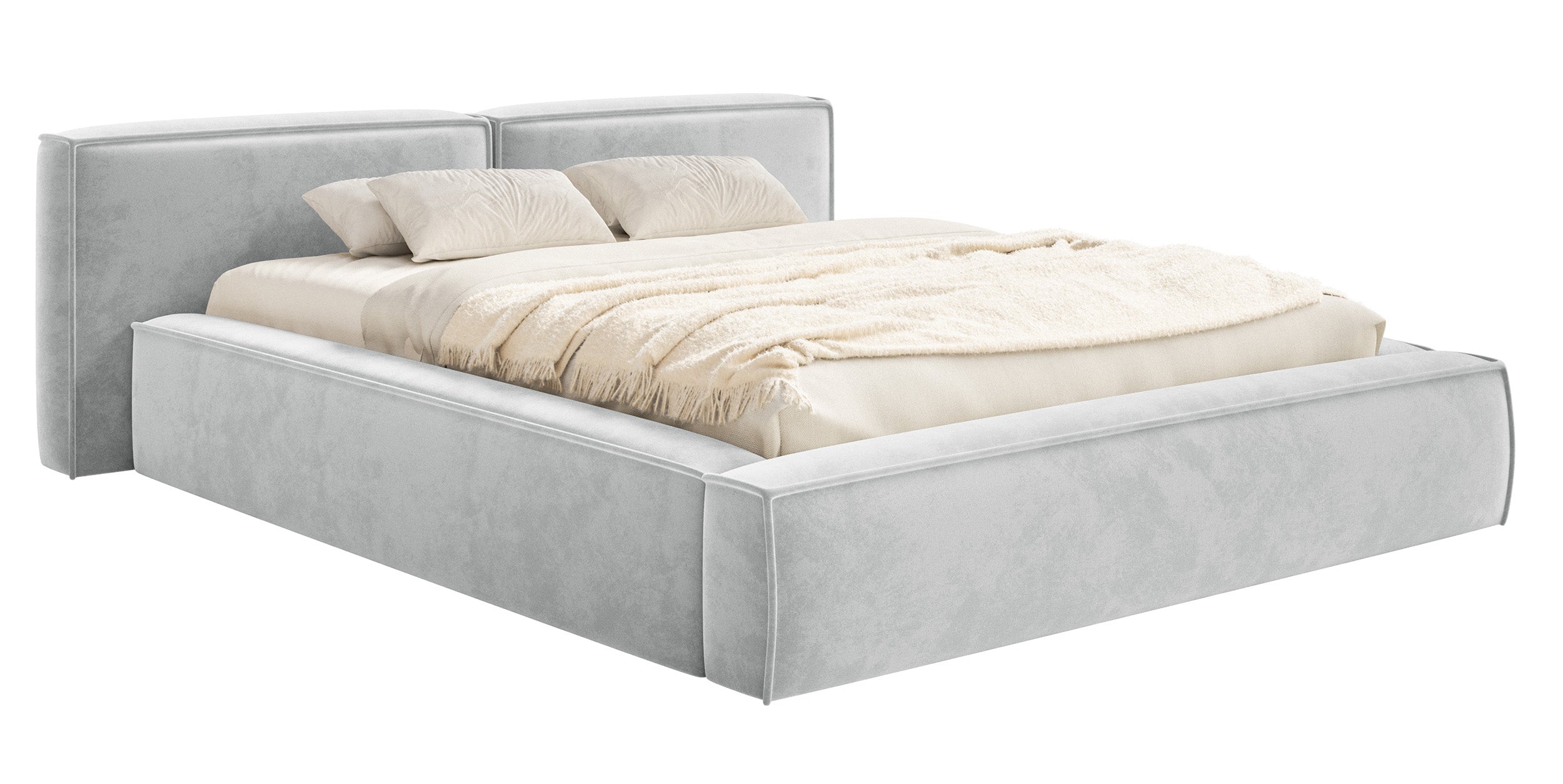 Łóżko tapicerowane 200x200 cm Tilves Low z pojemnikiem stelaż metalowy jasnoszare welur