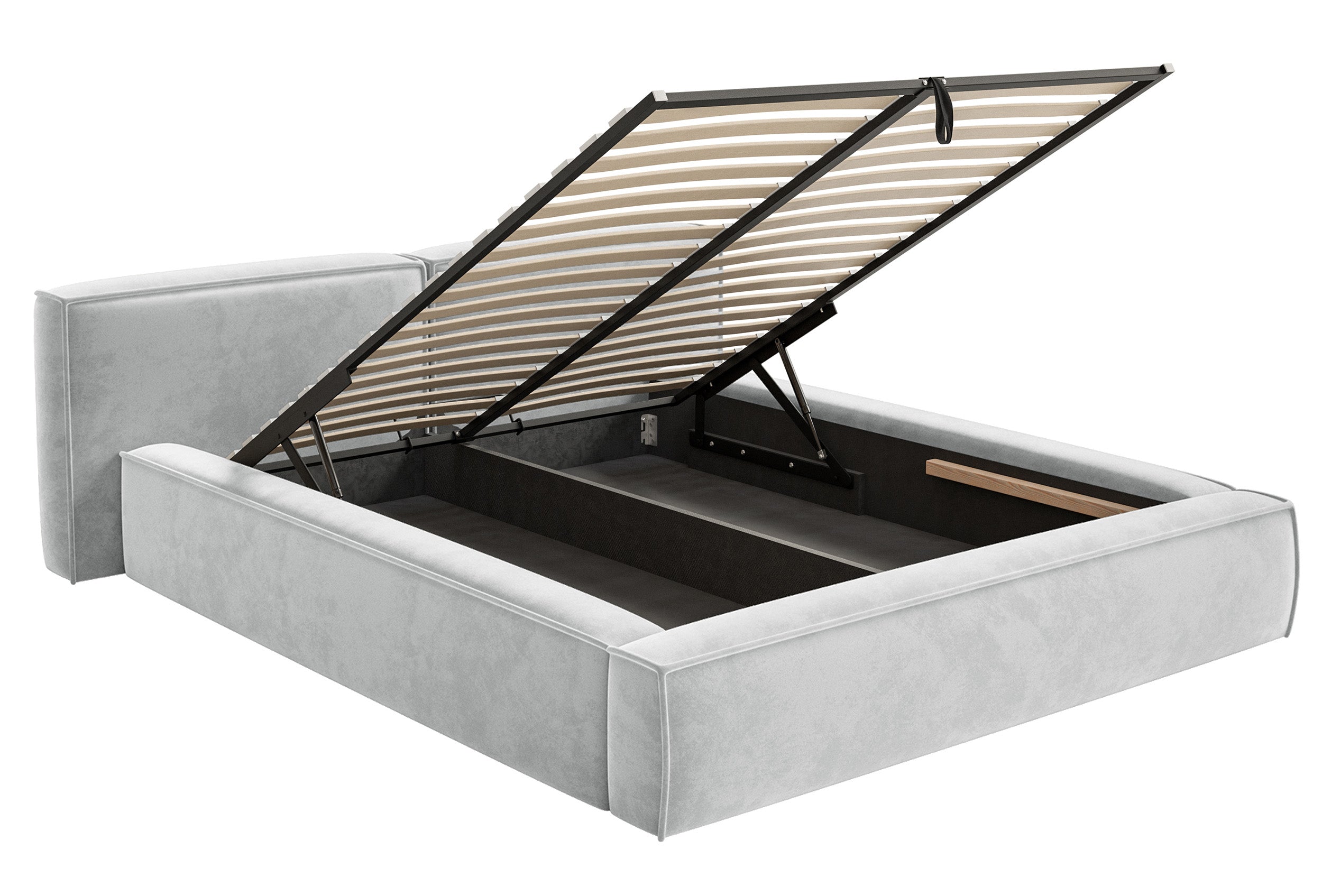 Łóżko tapicerowane 200x200 cm Tilves Low z pojemnikiem stelaż metalowy jasnoszare welur