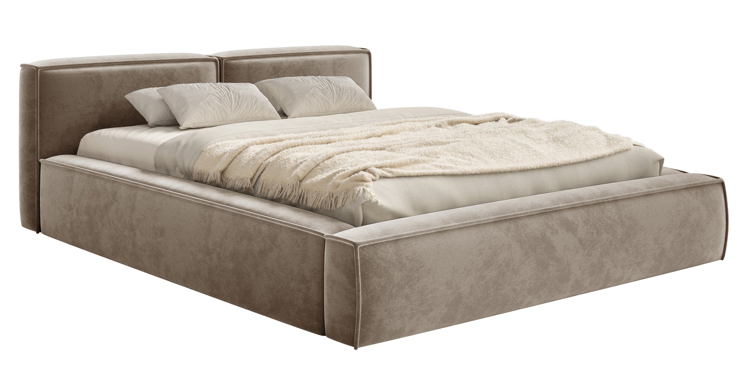 Łóżko tapicerowane 200x200 cm Tilves Slim Low z pojemnikiem stelaż metalowy jasnobrązowe welur