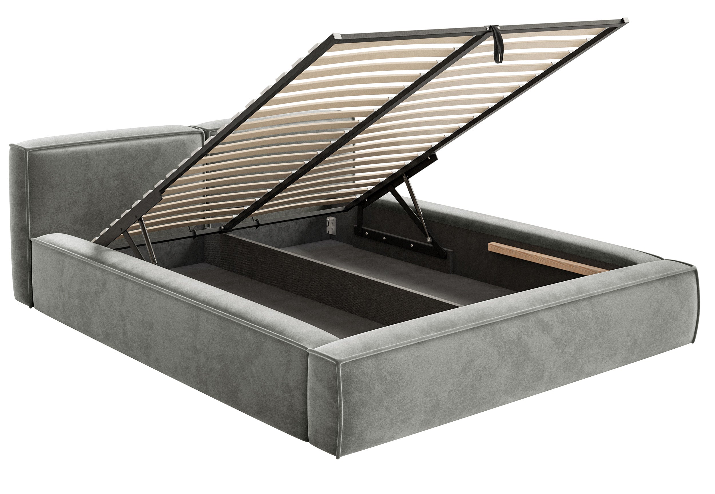 Łóżko tapicerowane 200x200 cm Tilves Slim Low z pojemnikiem stelaż metalowy szare welur