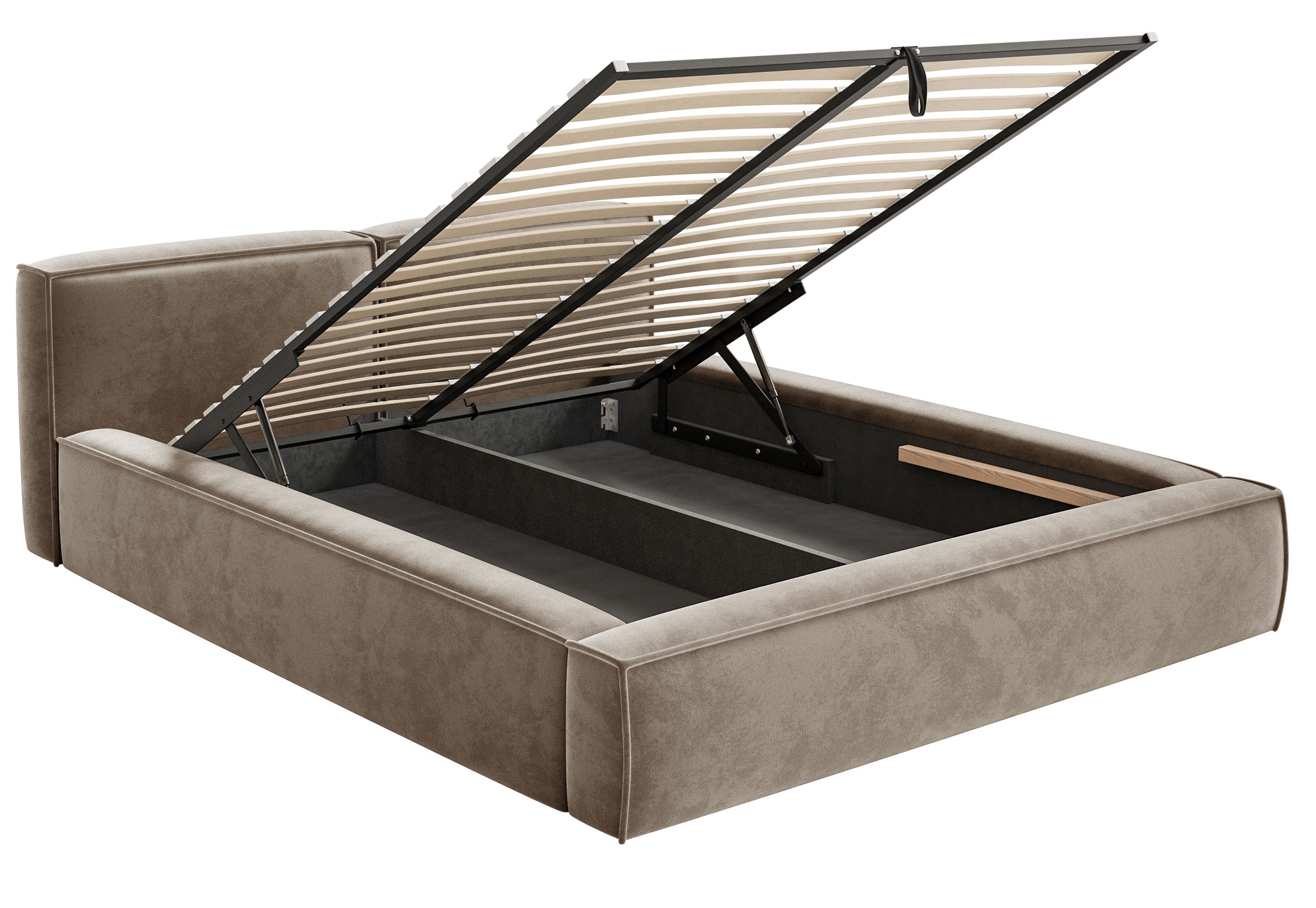 Łóżko tapicerowane 200x200 cm Tilves Slim Low z pojemnikiem stelaż metalowy jasnobrązowe welur